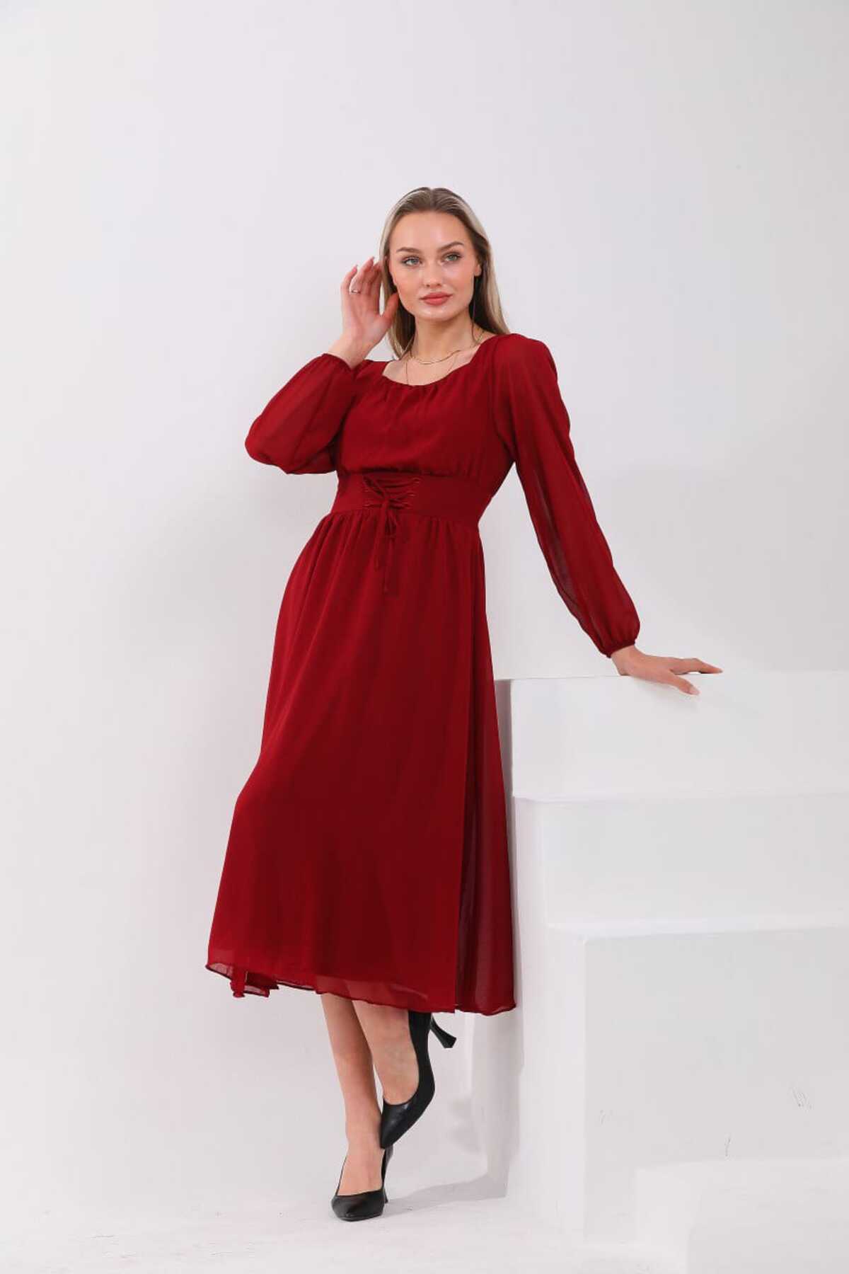 Belden İp Bağcılıklı Düz Şifon Elbise