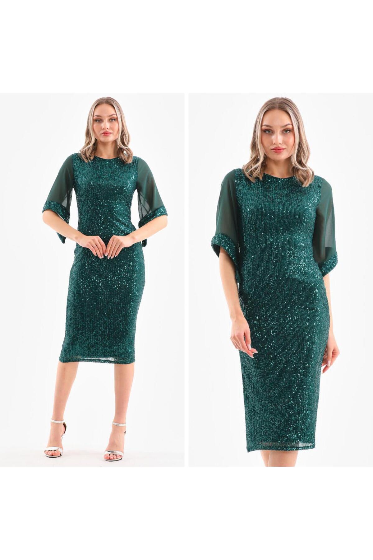 Pul Payetli Midi Boy Abiye Elbise