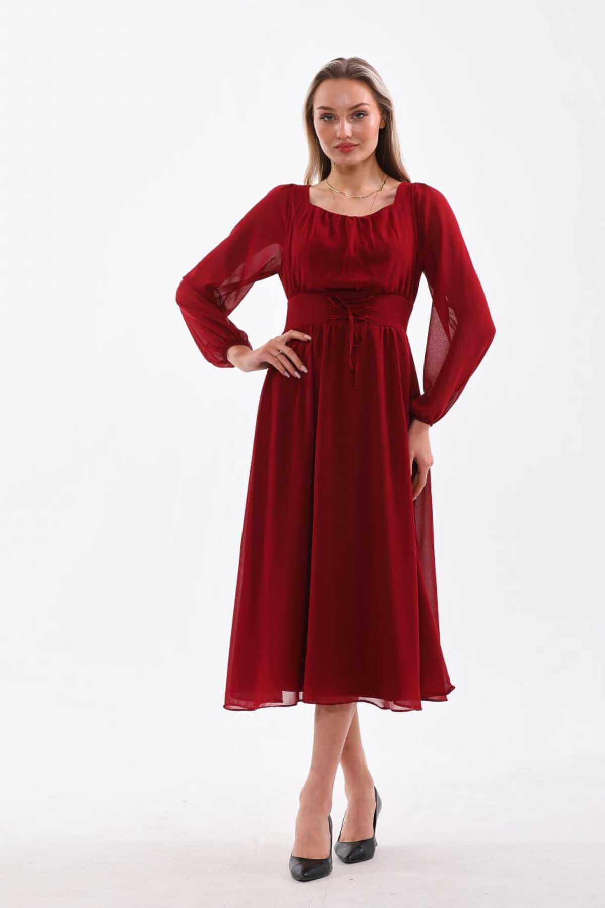 Belden İp Bağcılıklı Düz Şifon Elbise