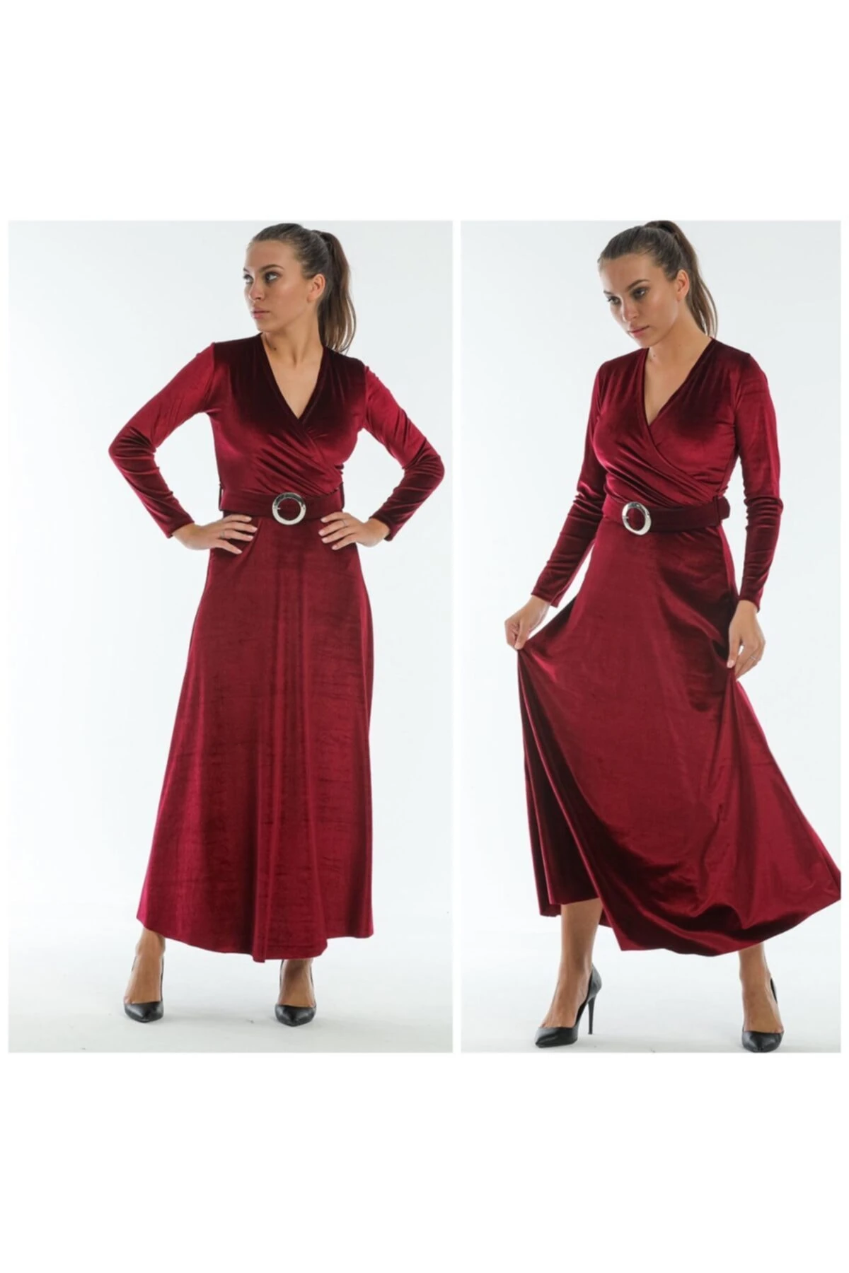 Uzun Kemerli Kadife Elbise - bordo
