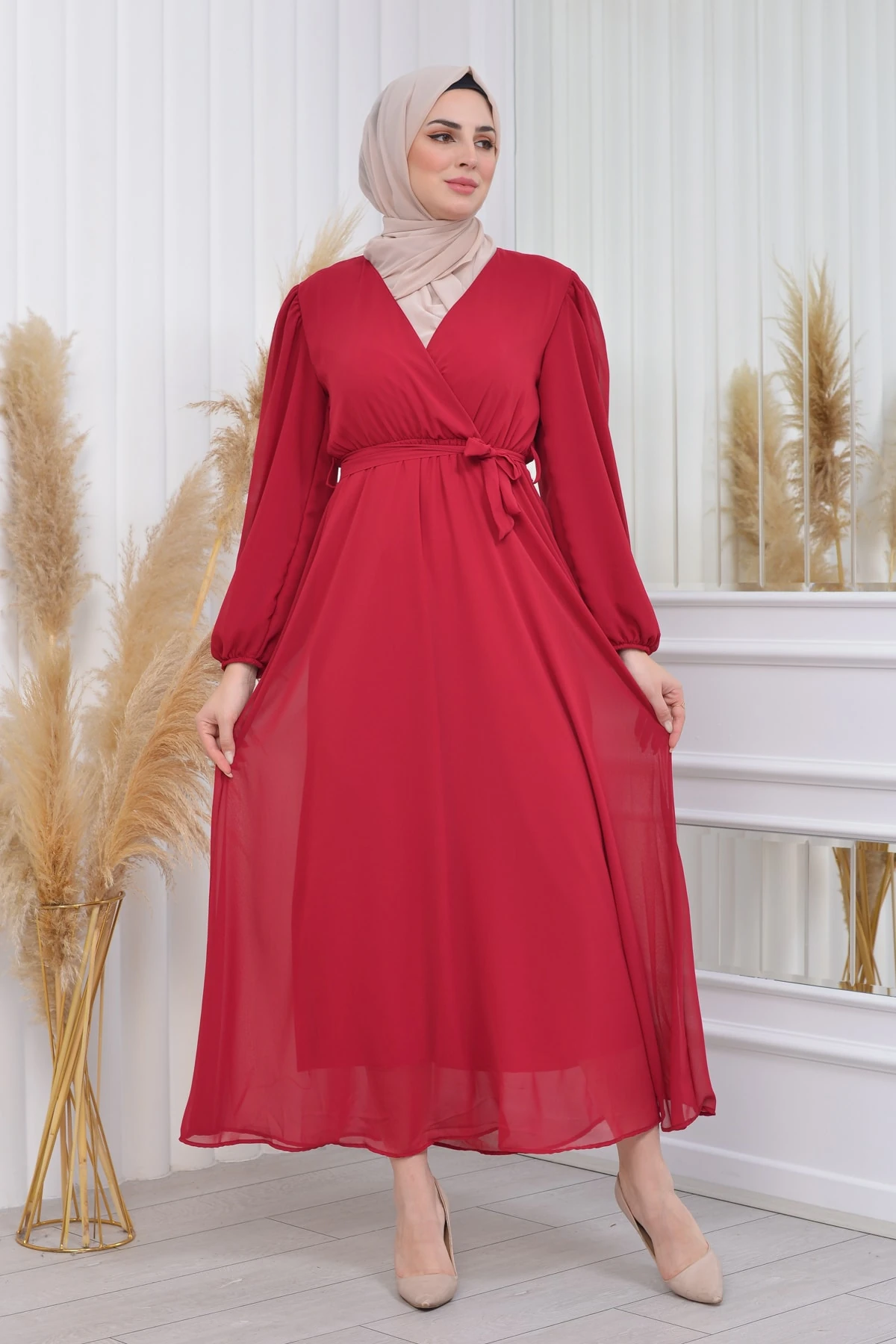 Kolu Astarlı Düz Şifon Elbise