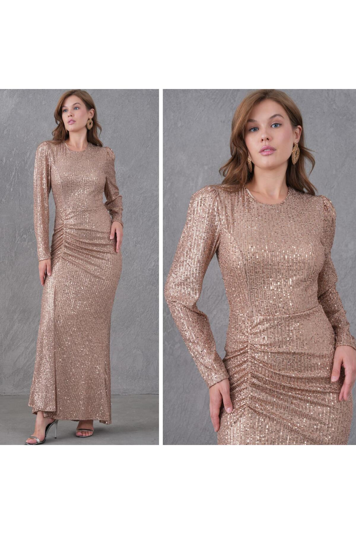 Bisiklet Yaka Uzun Abiye Elbise