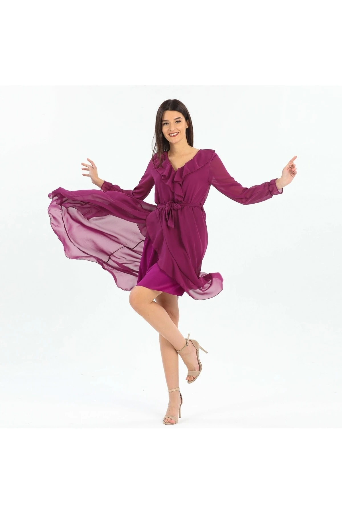 Uzun Kol Fırfırlı Düz Şifon Elbise