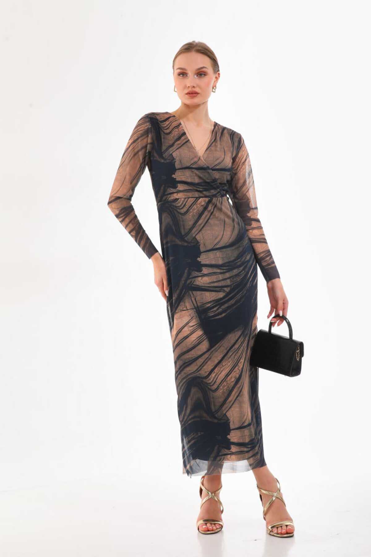 V Yaka Likralı Baskılı Tül Elbise