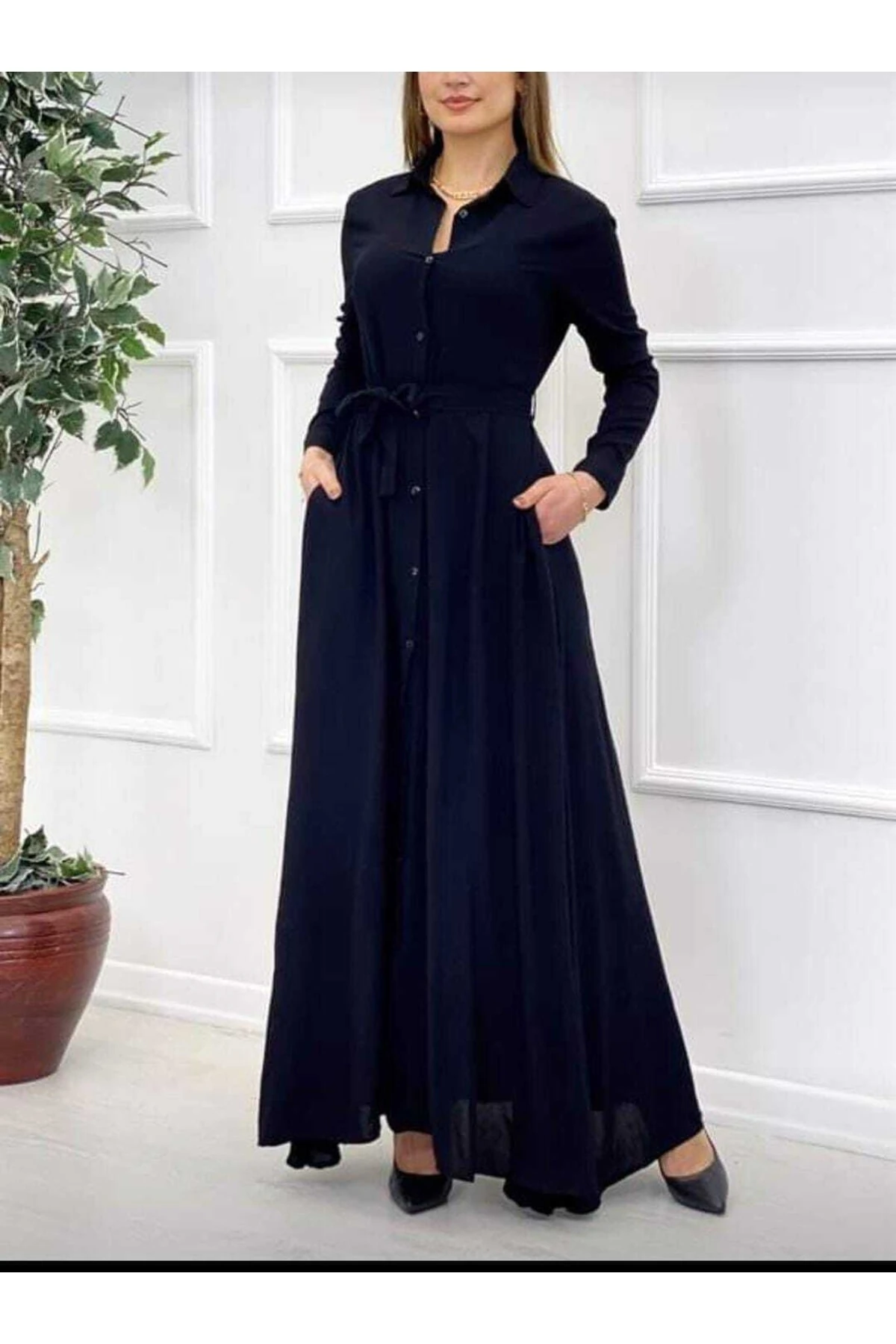 Gömlek Yaka Uzun Boy Viskon Elbise