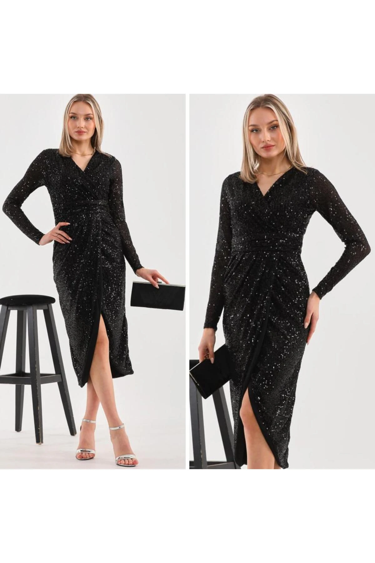 PUL PAYETLİ KRUVAZE ABİYE ELBİSE