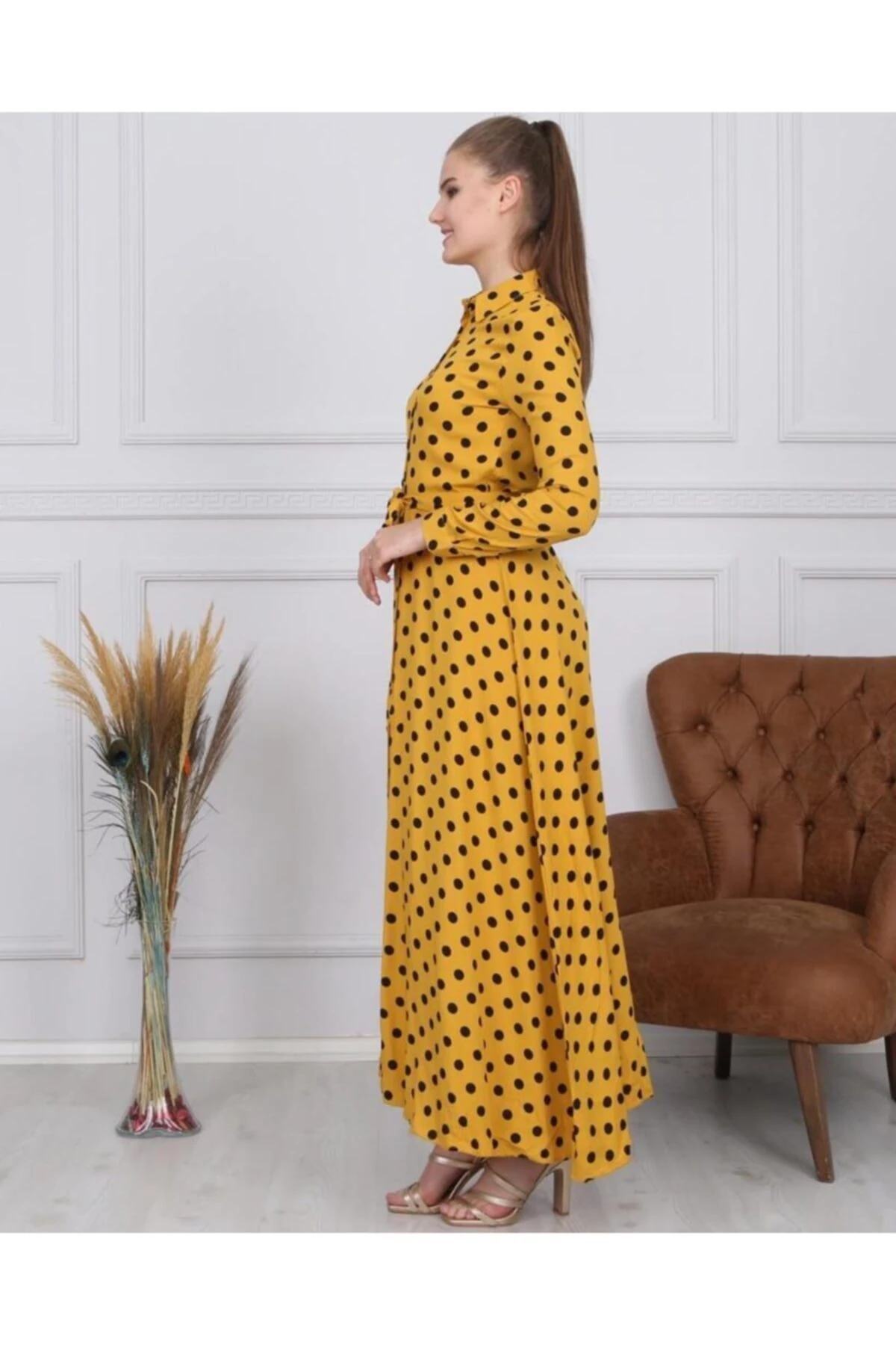Kadın Sarı Puantiyeli Elbise