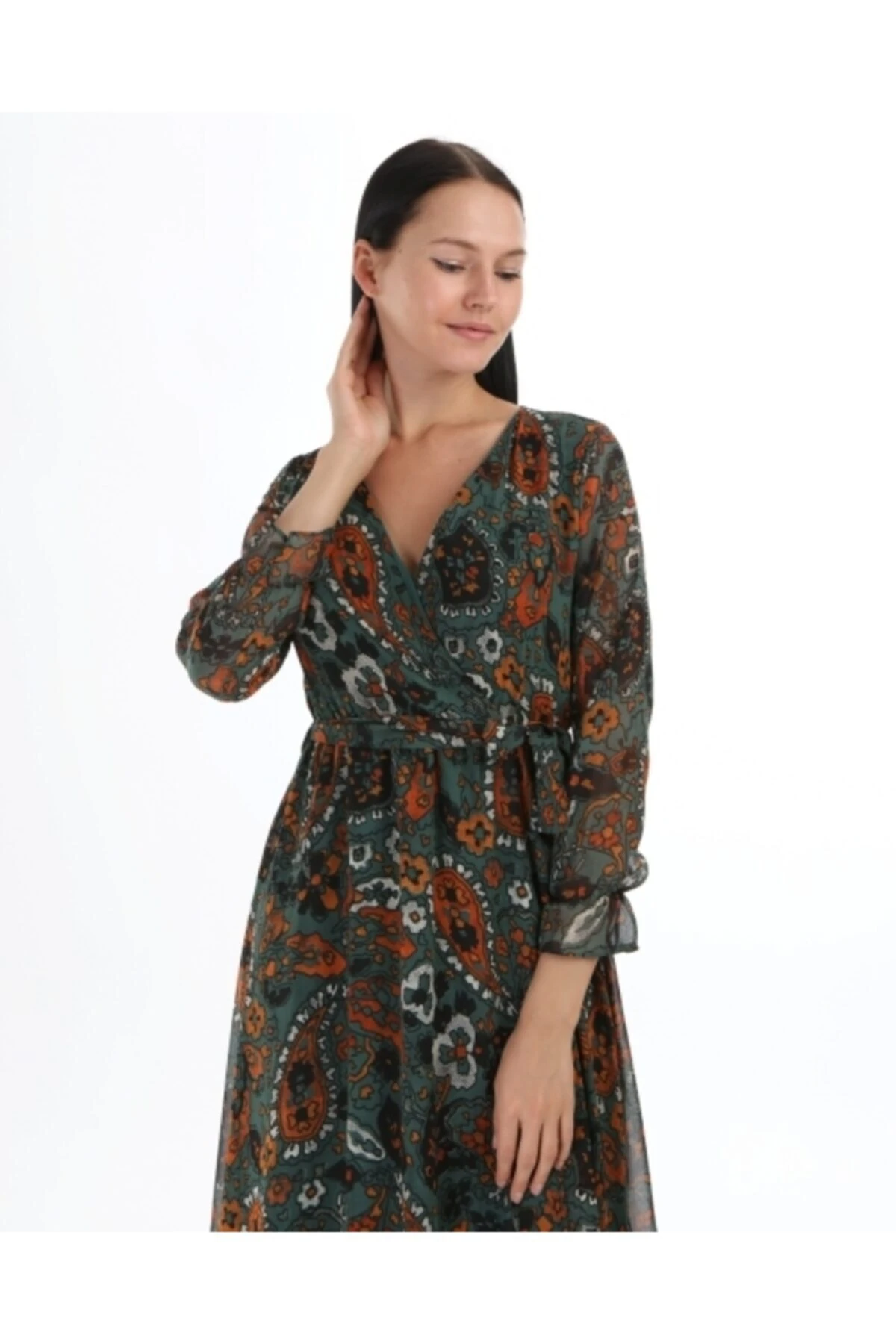 Kadın Yeşil Çiçekli Uzun Boy Şifon Elbise