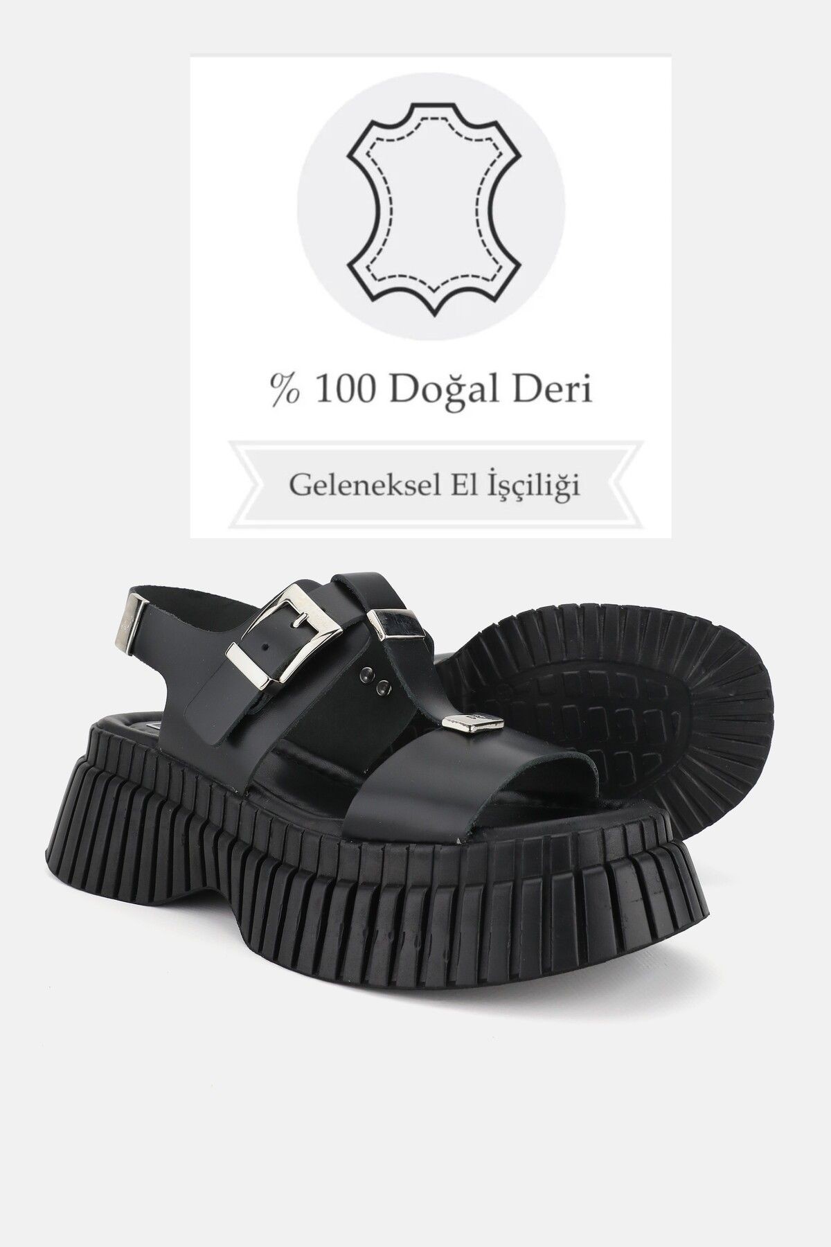 KADIN SİYAH HAKİKİ DOĞAL DERİ DÜZ SANDALET AYAKKABI