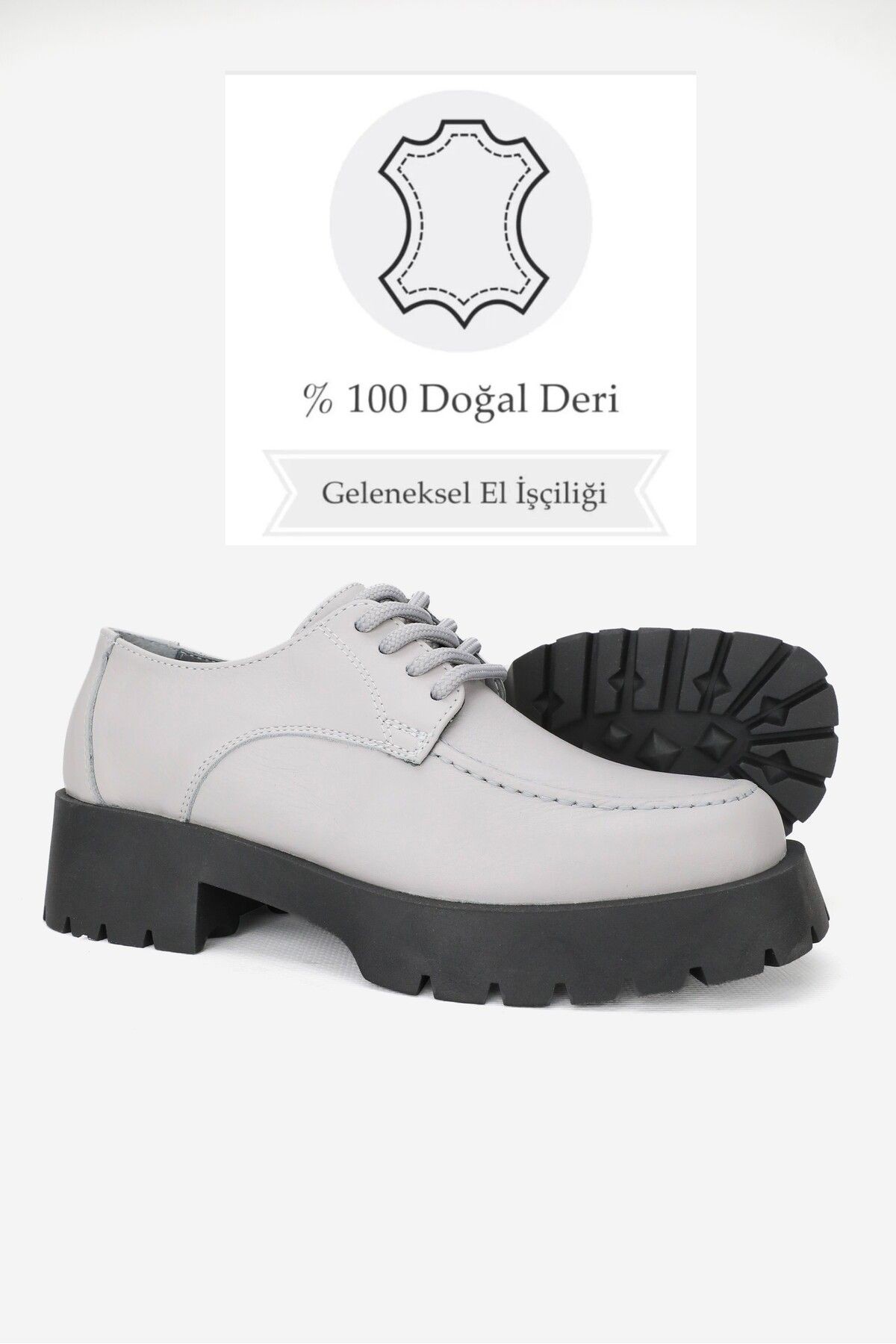 KADIN GRİ HAKİKİ DOĞAL DERİ 36-41 NUMARA BAĞCIKLI OXFORD AYAKKABI