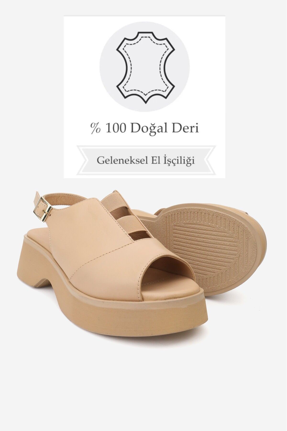 KADIN BEJ HAKİKİ DOĞAL DERİ KISA TOPUKLU SANDALET