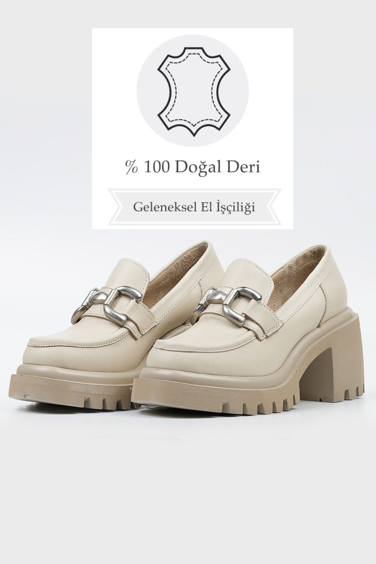 KADIN BEJ HAKİKİ DERİ TOKALI TOPUKLU LOAFER AYAKKABI