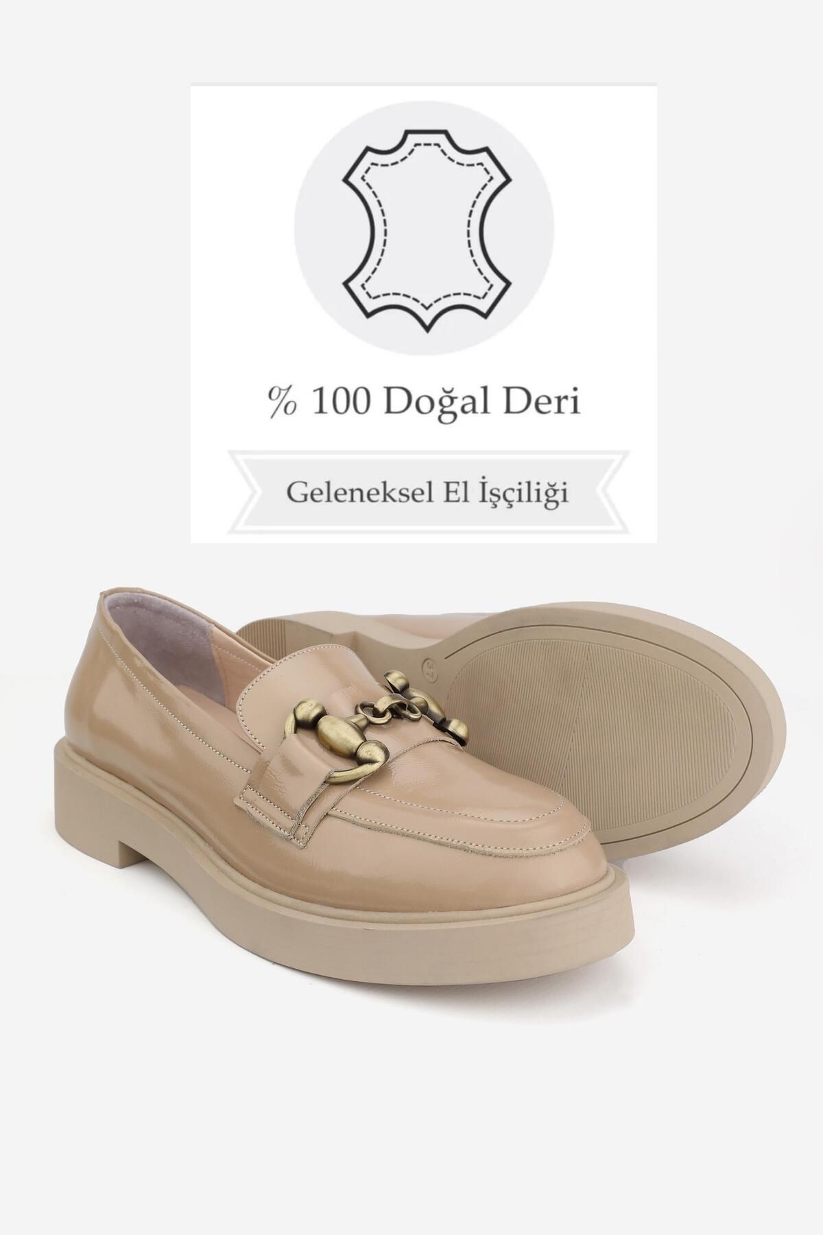 KADIN BEJ RUGAN HAKİKİ DOĞAL DERİ TOKALI LOAFER AYAKKABI