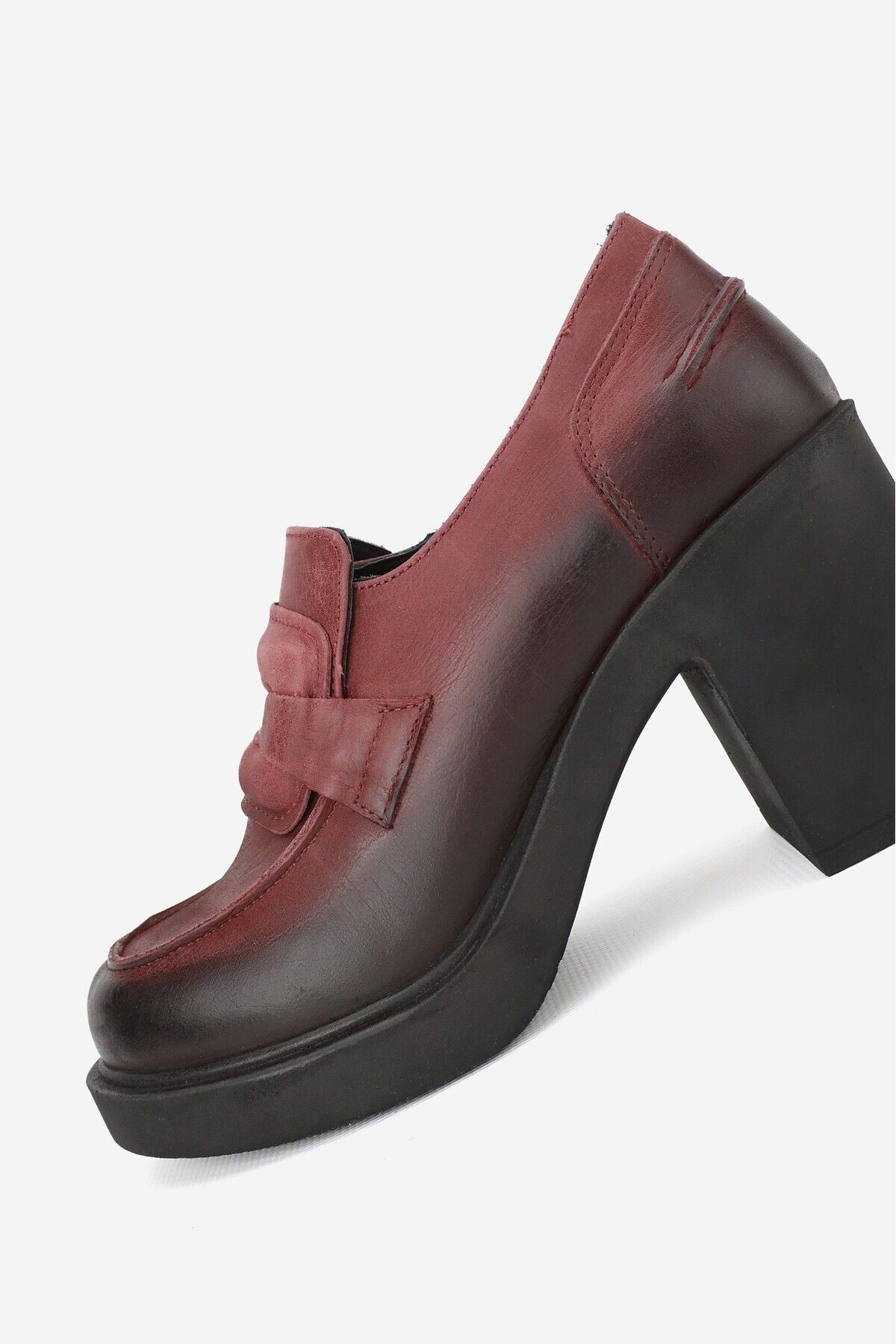 KADIN BORDO HAKİKİ DOĞAL DERİ 36-41 NUMARA YÜKSEK TOPUKLU LOAFER AYAKKABI