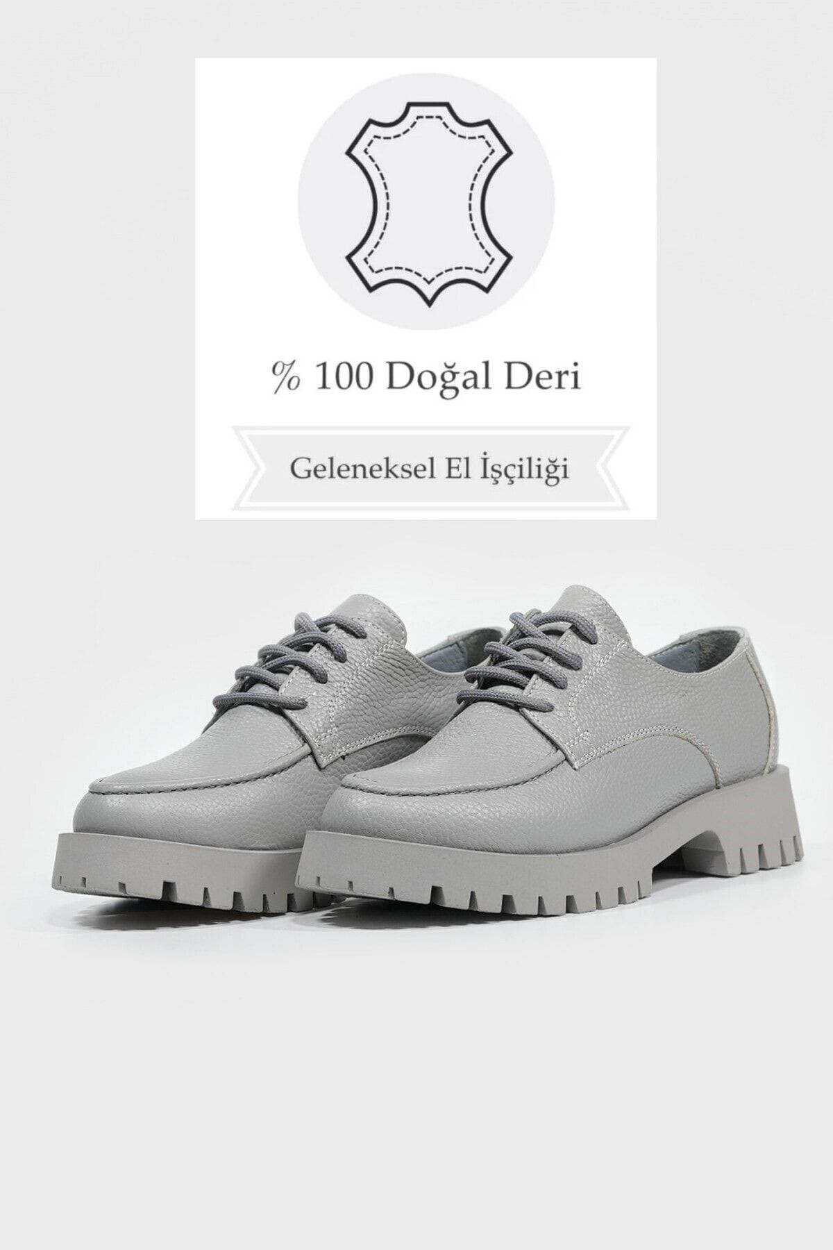 KADIN GRİ HAKİKİ DOĞAL DERİ BAĞCIKLI OXFORD AYAKKABI