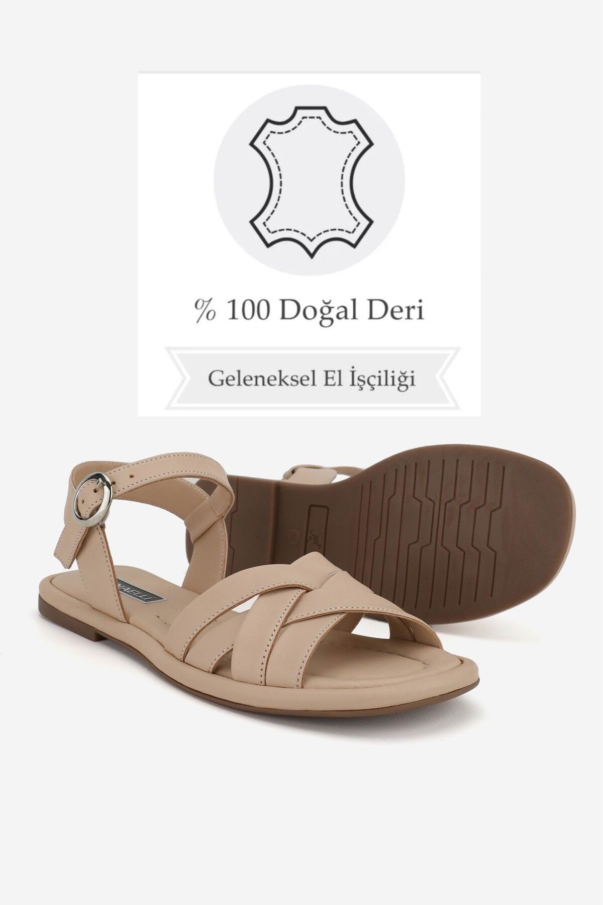 KADIN BEJ HAKİKİ DOĞAL DERİ BANTLI DÜZ SANDALET
