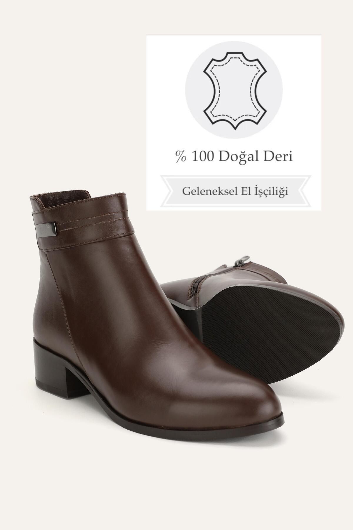 Kadın Kahverengi Hakiki Deri 35-41 Numara Kısa Topuklu Bot & Bootie