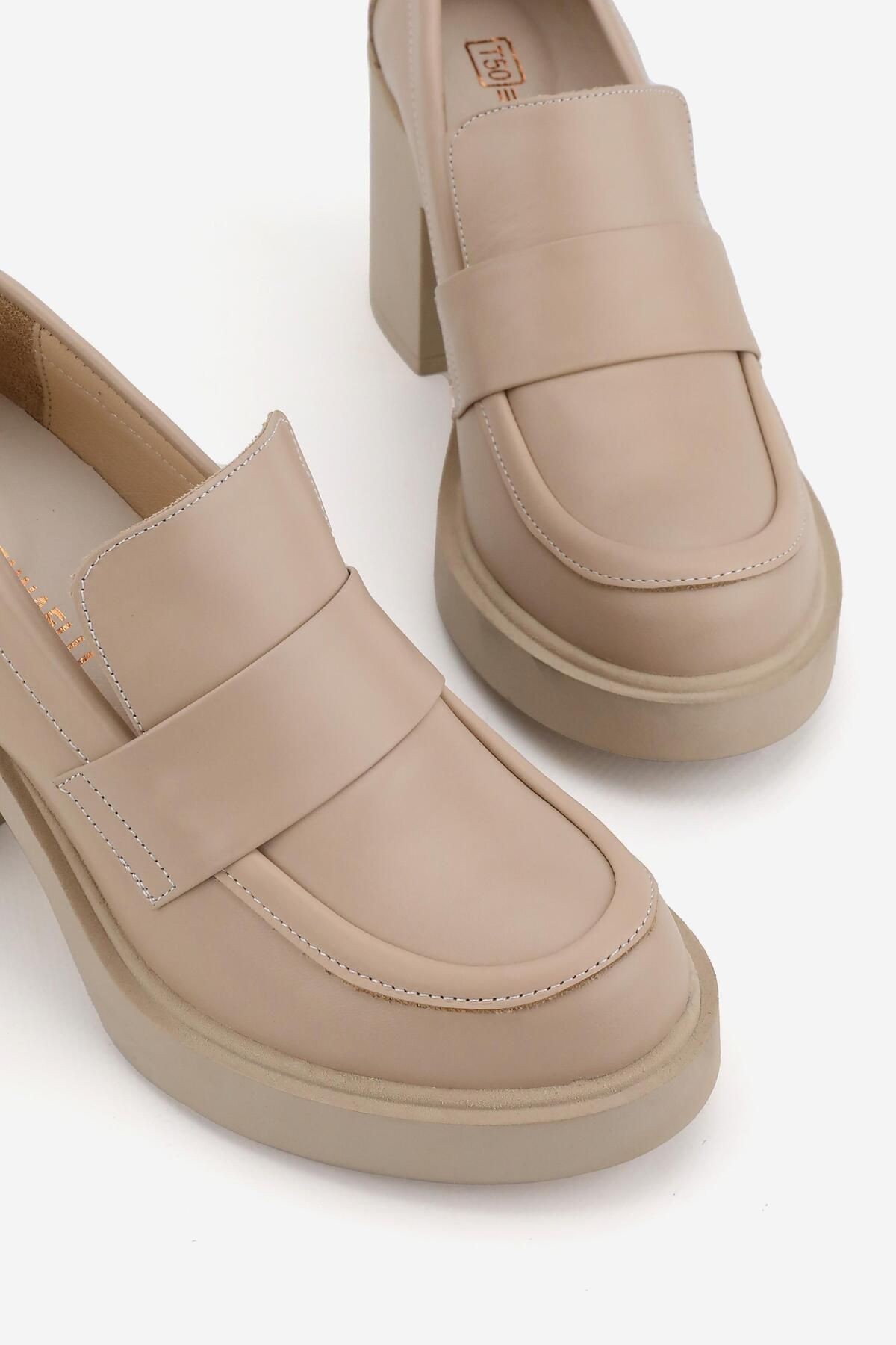 KADIN BEJ HAKİKİ DOĞAL DERİ TOPUKLU LOAFER AYAKKABI