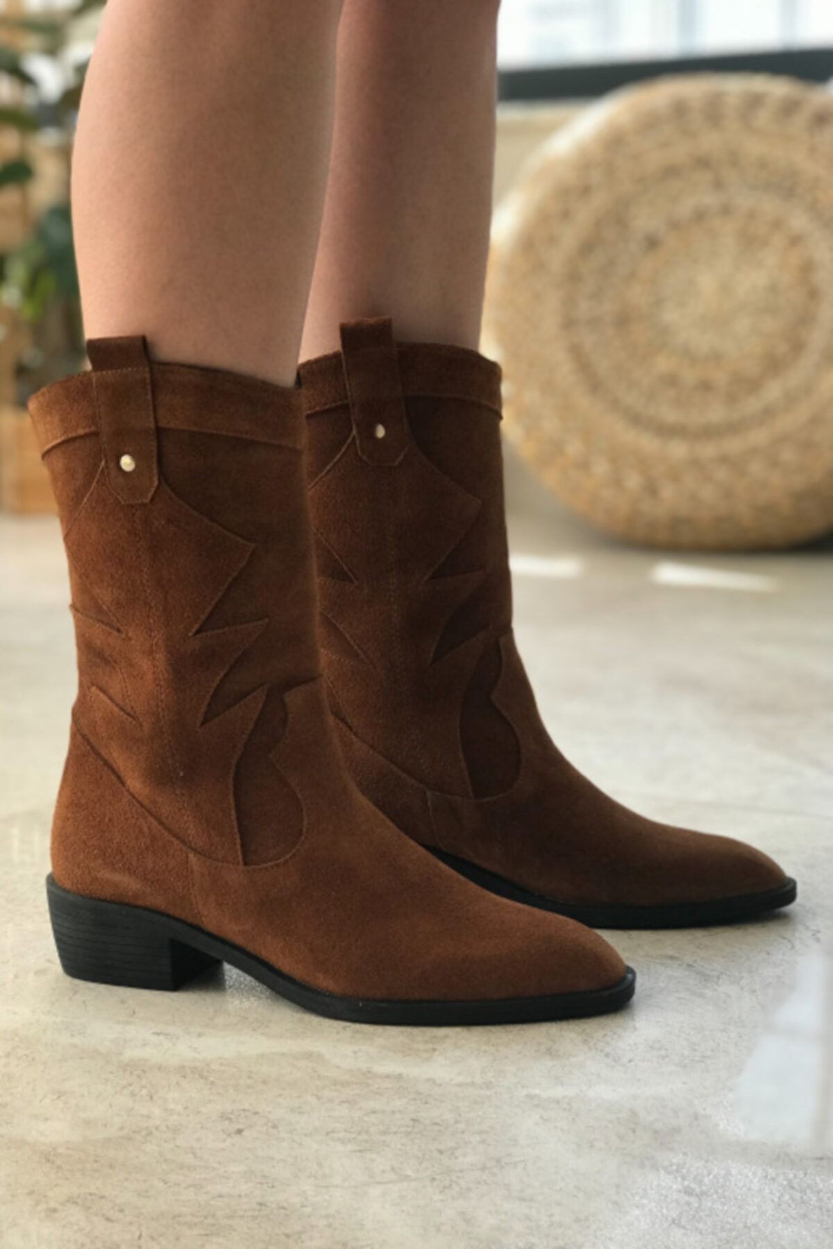 Kadın Kahverengi Taba Hakiki Deri Western Bot
