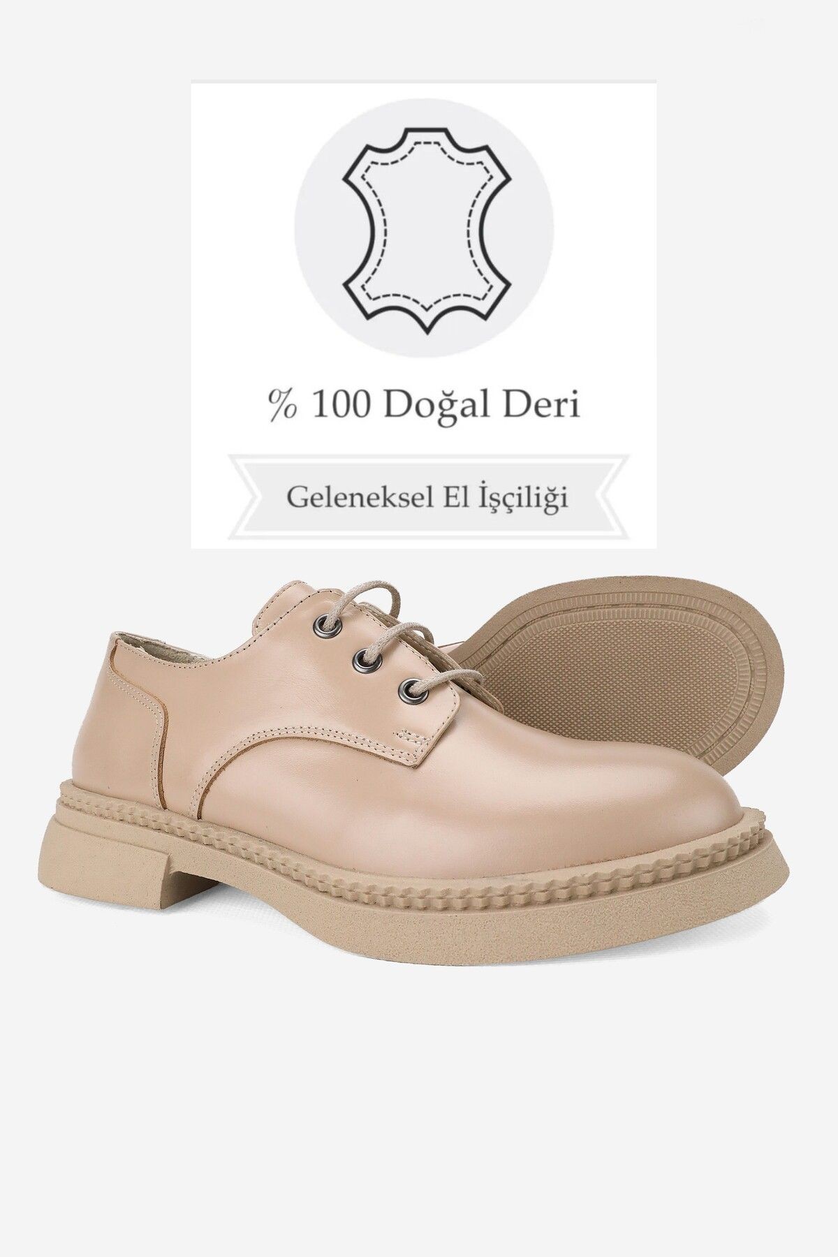KADIN BEJ HAKİKİ DOĞAL DERİ 36-41 NUMARA BAĞCIKLI DÜZ AYAKKABI
