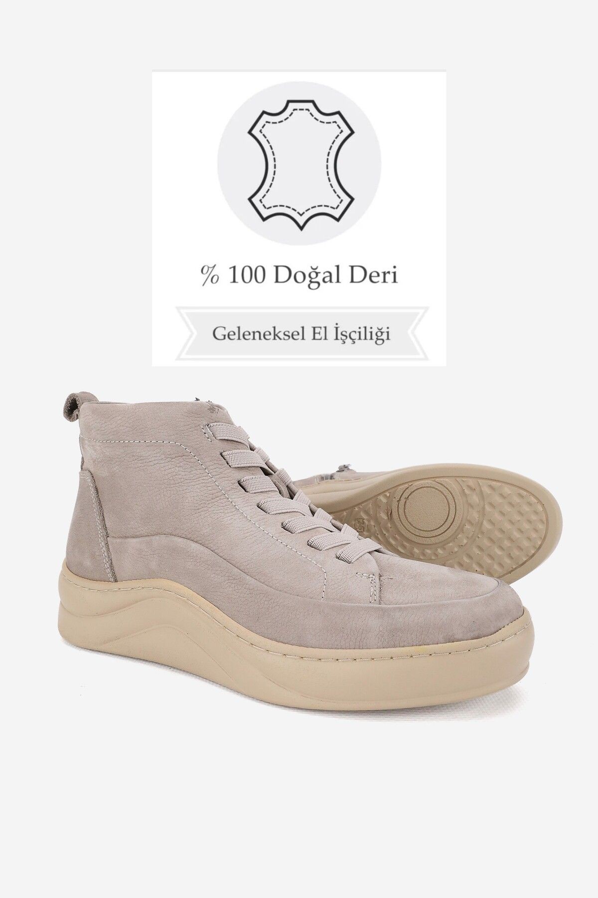 KADIN BEJ NUBUK HAKİKİ DOĞAL DERİ 36-41 NUMARA LASTİK BAĞCIKLI DOLGU TOPUKLU BOT & BOOTİE