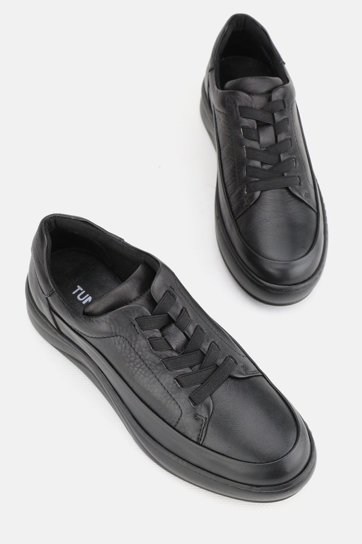 KADIN SİYAH HAKİKİ DOĞAL DERİ 36-41 NUMARA LASTİK BAĞCIKLI SNEAKER CASUAL AYAKKABI