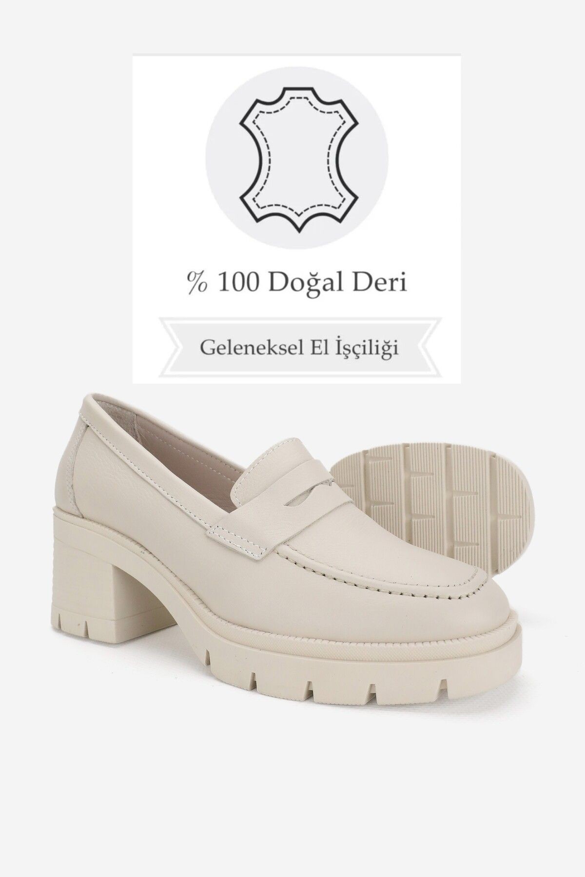 KADIN BEJ HAKİKİ DERİ 36-41 NUMARA KALIN TOPUKLU LOAFER AYAKKABI