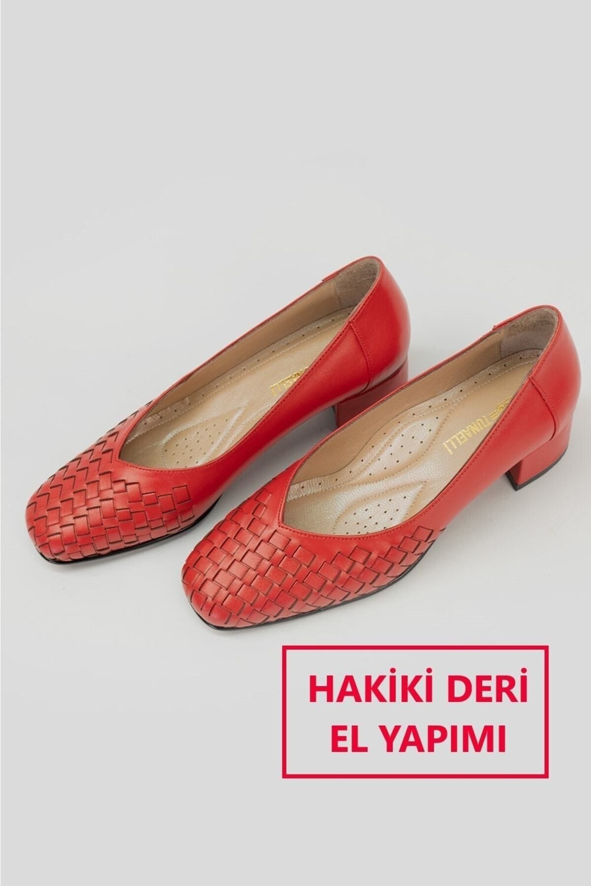 Kadın Kırmızı Örgülü Hakiki Deri 35-41 Numara Topuklu Ayakkabı
