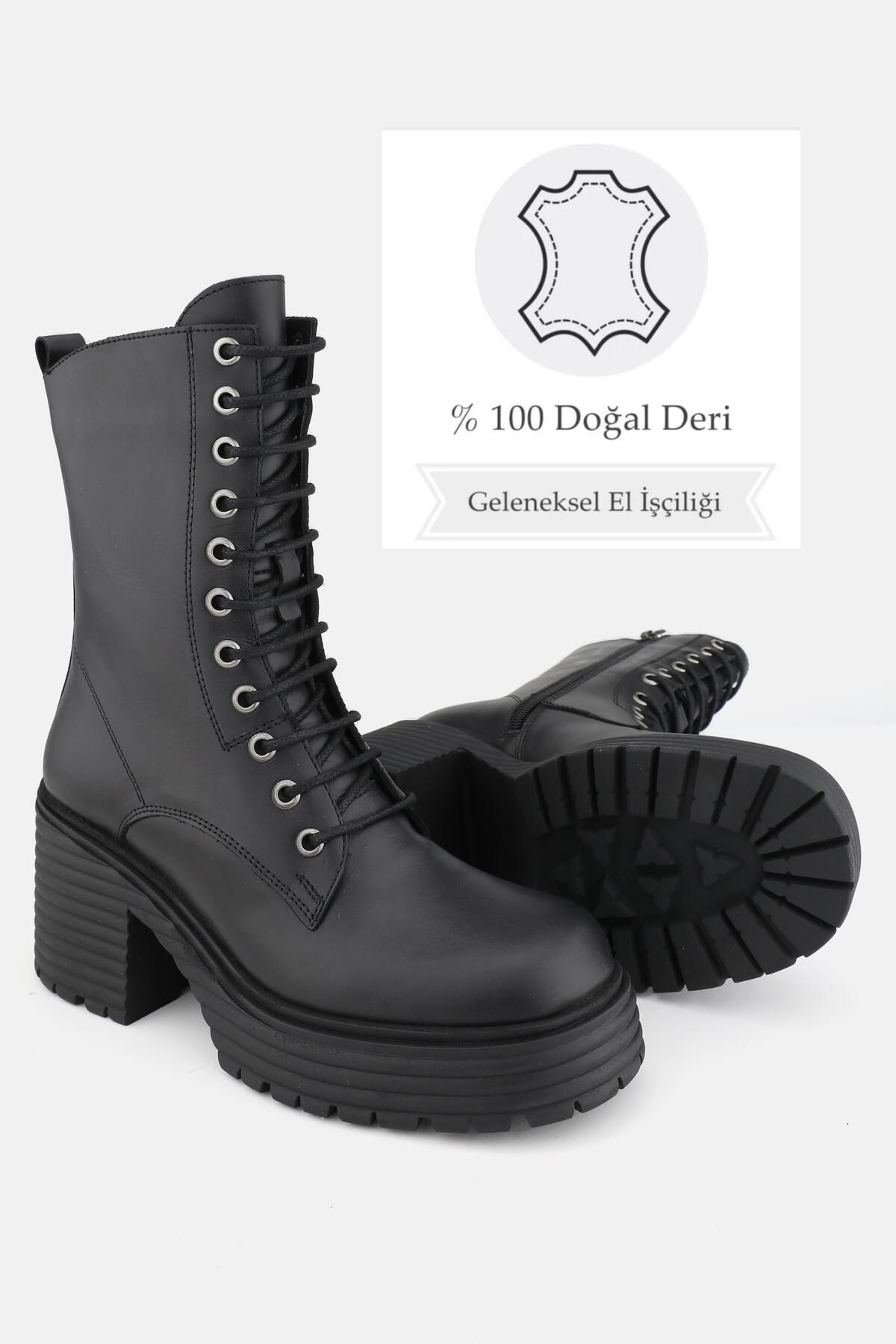 KADIN SİYAH HAKİKİ DOĞAL DERİ BAĞCIKLI BOT & BOOTİE