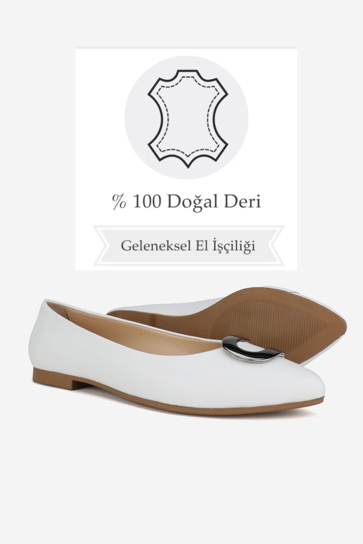 Kadın Beyaz Hakiki Doğal Deri 36-41 Numara Tokalı Babet