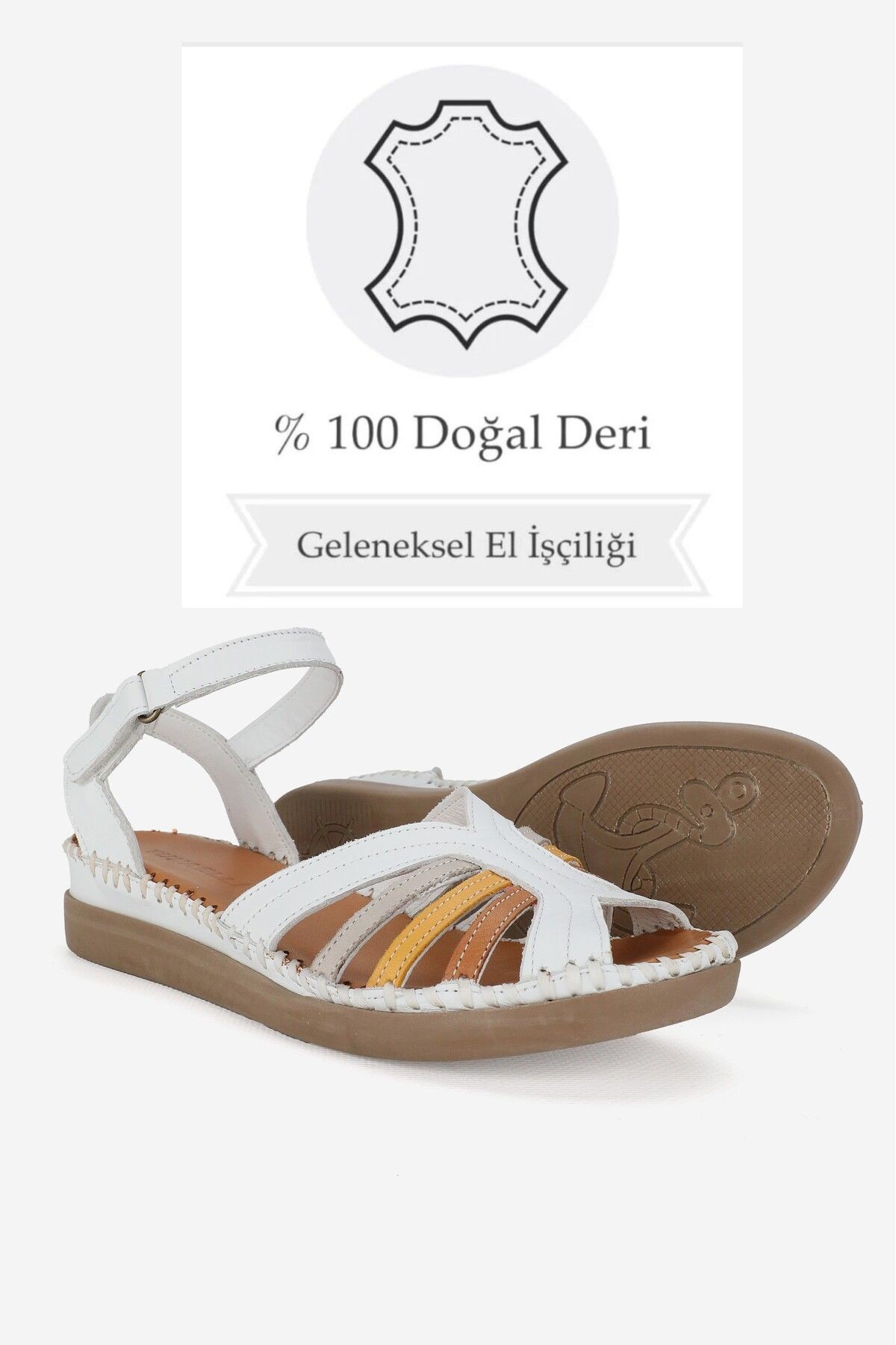 KADIN BEYAZ HAKİKİ DERİ 35-41-42 NUMARA DÜZ DOLGU TOPUKLU ÖN AÇIK BANTLI SANDALET