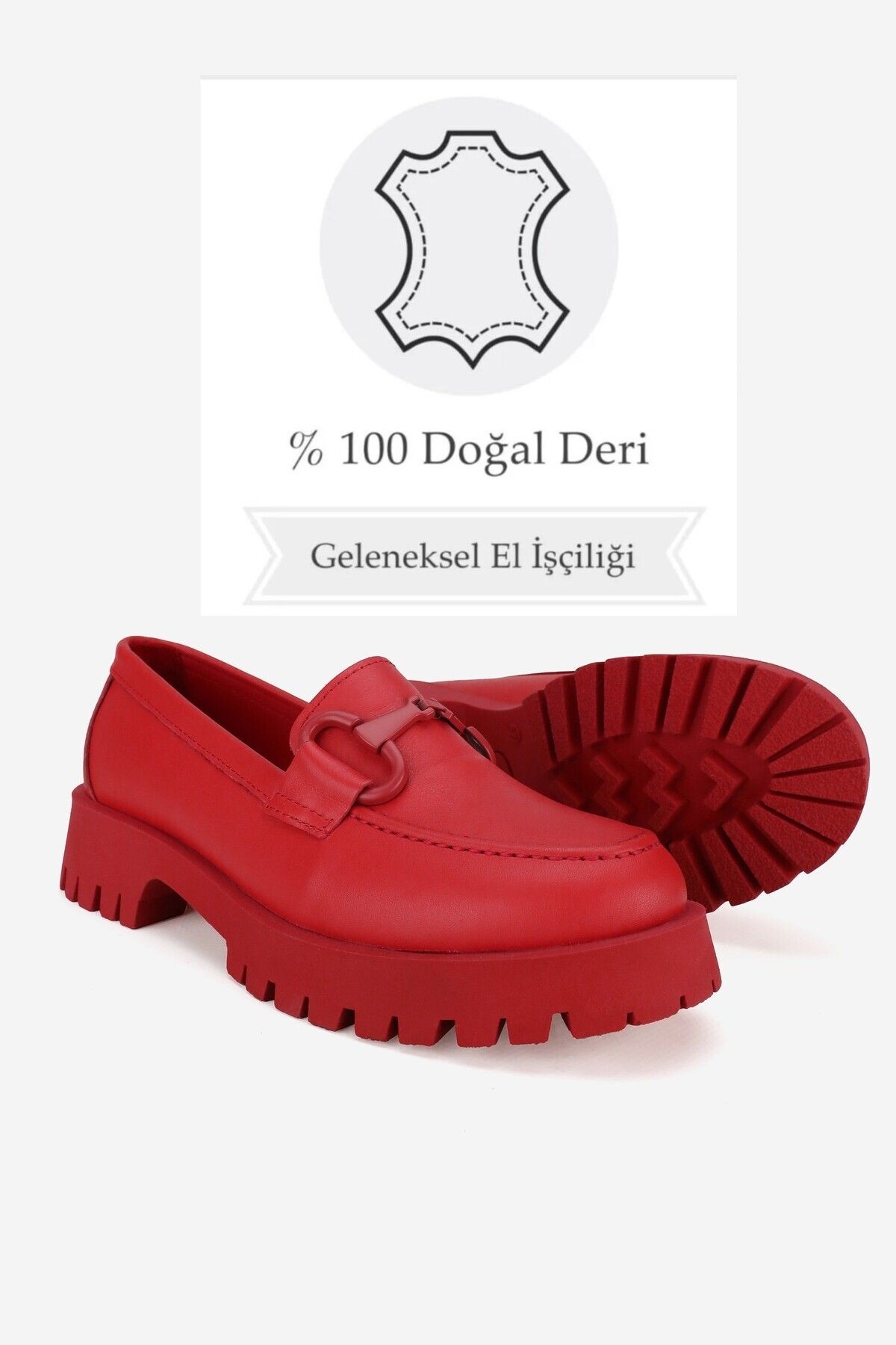 KADIN KIRMIZI HAKİKİ DOĞAL DERİ 36-41 NUMARA TOKALI LOAFER AYAKKABI
