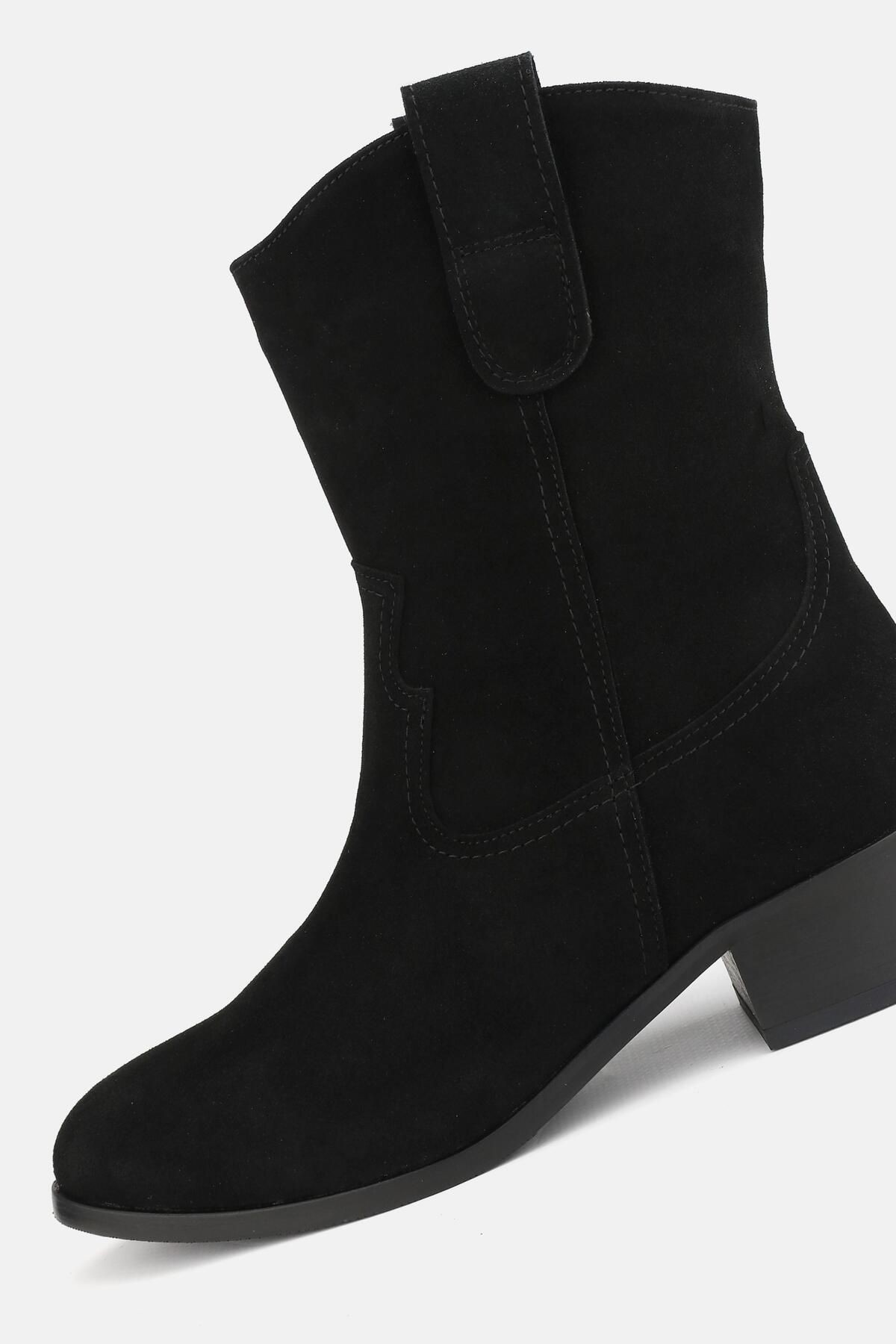 Kadın Siyah Süet Hakiki Deri 35-41 Numara Kısa Topuklu Western Bot & Bootie