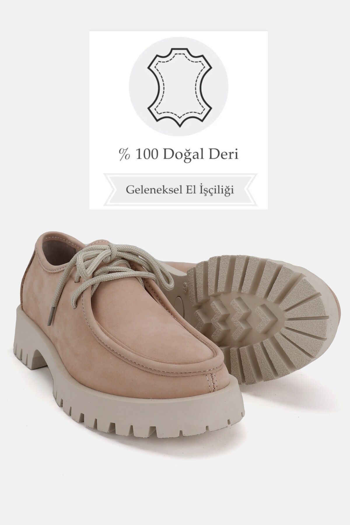 KADIN BEJ NUBUK HAKİKİ DOĞAL DERİ BAĞCIKLI AYAKKABI