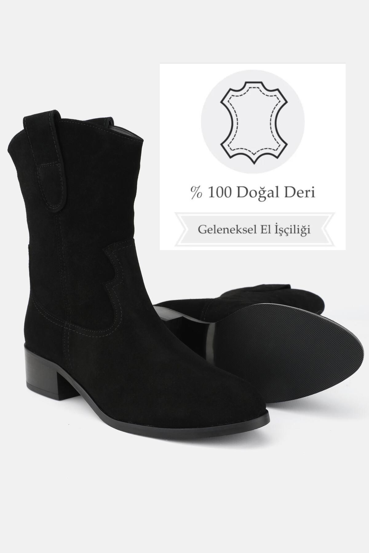 Kadın Siyah Süet Hakiki Deri 35-41 Numara Kısa Topuklu Western Bot & Bootie