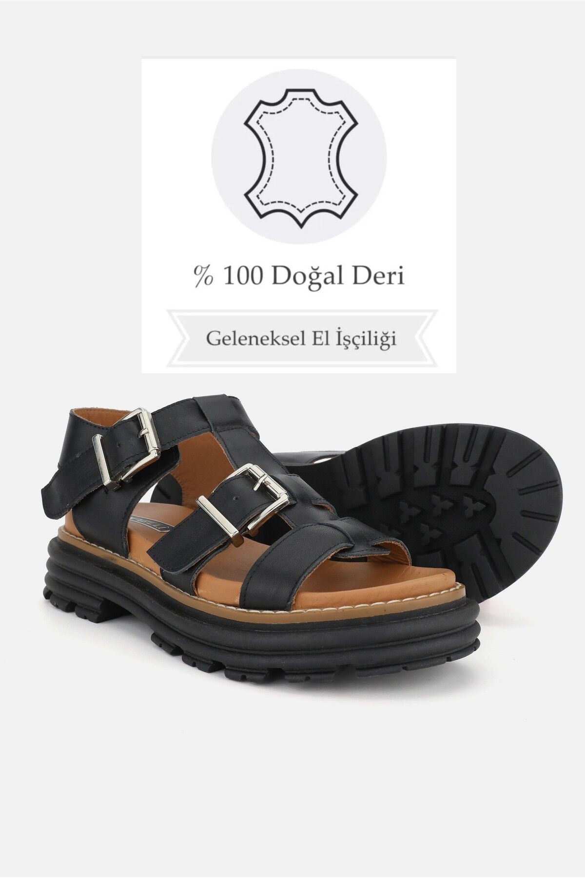 KADIN SİYAH HAKİKİ DOĞAL DERİ KISA TOPUKLU TOKALI SANDALET