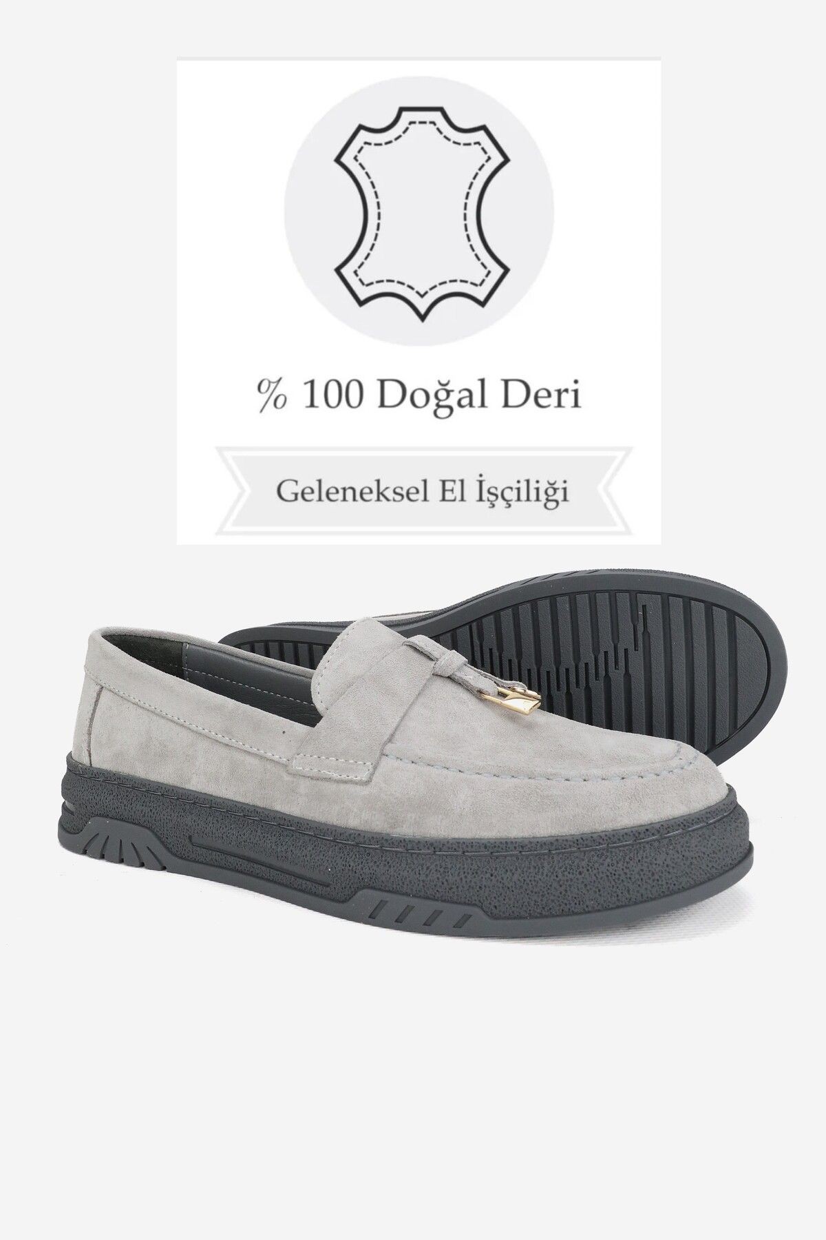 KADIN GRİ SÜET HAKİKİ DERİ 36-41 NUMARA DÜZ TOPUKLU LOAFER AYAKKABI