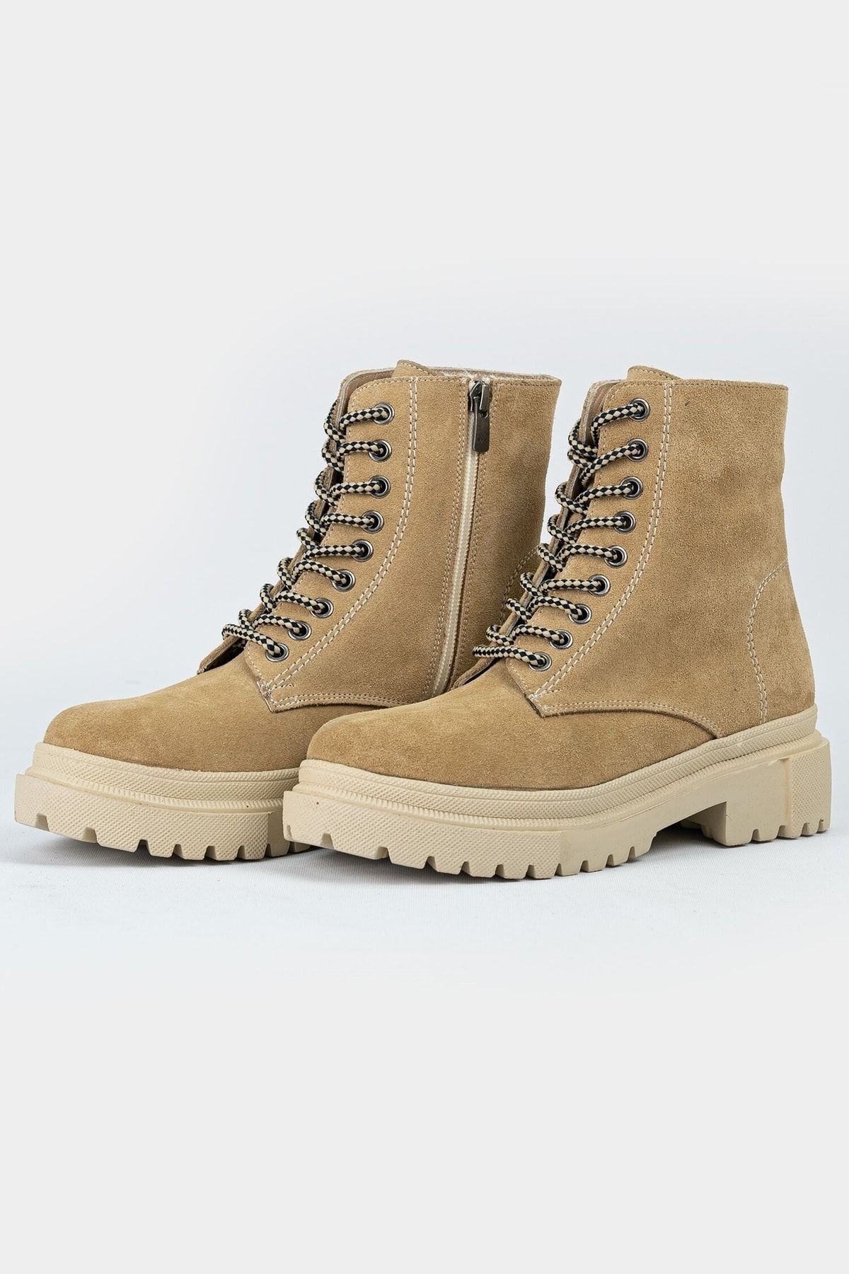 Kadın Bej Süet Hakiki Deri 35-41 Bağcıklı Bot & Bootie