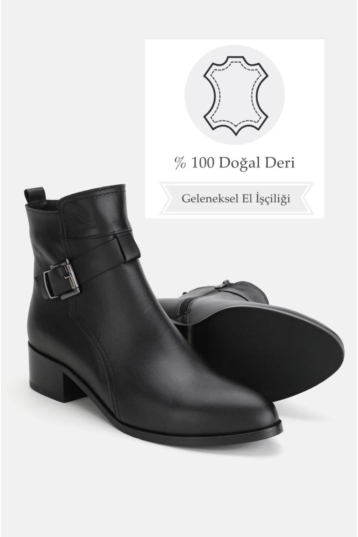 Kadın Siyah Hakiki Deri 35-41 Numara Kısa Topuklu Bot & Bootie