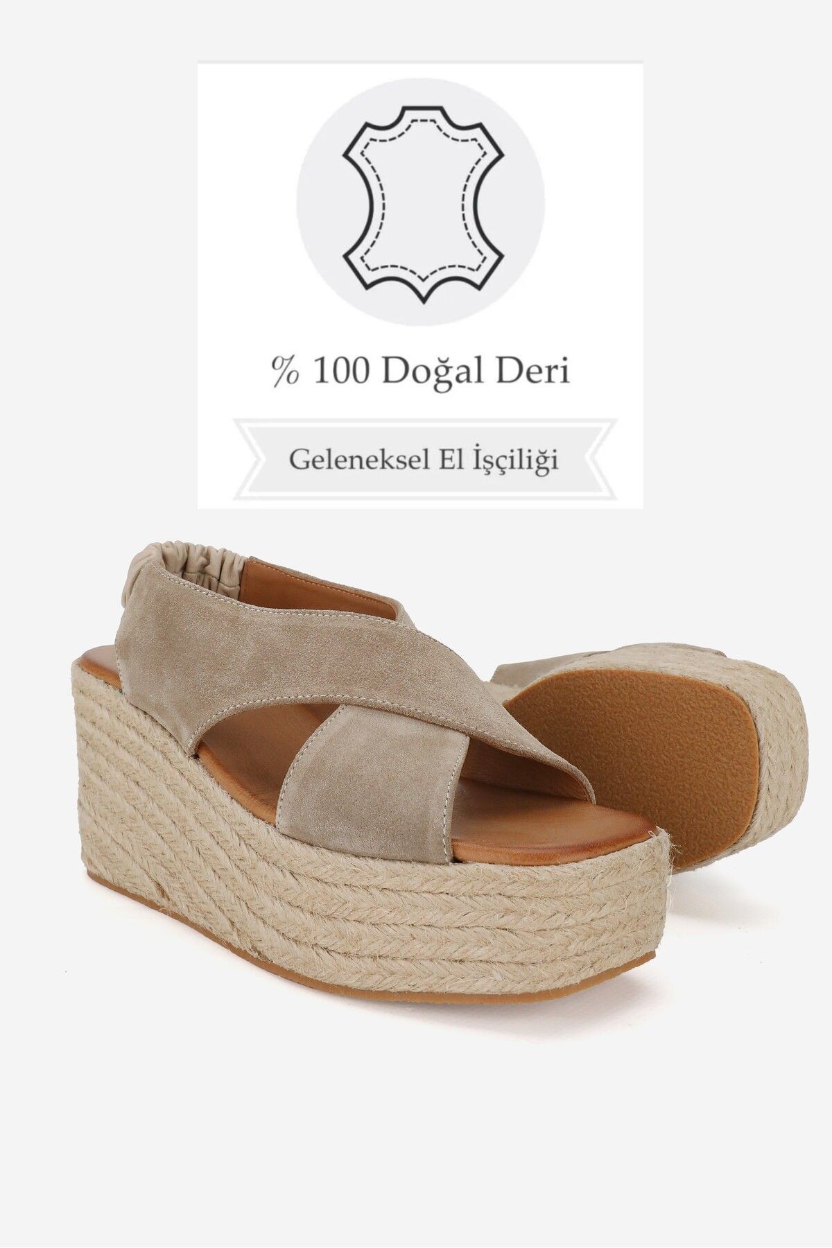 KADIN BEJ SÜET HAKİKİ DOĞAL DERİ YÜKSEK DOLGU TOPUKLU SANDALET