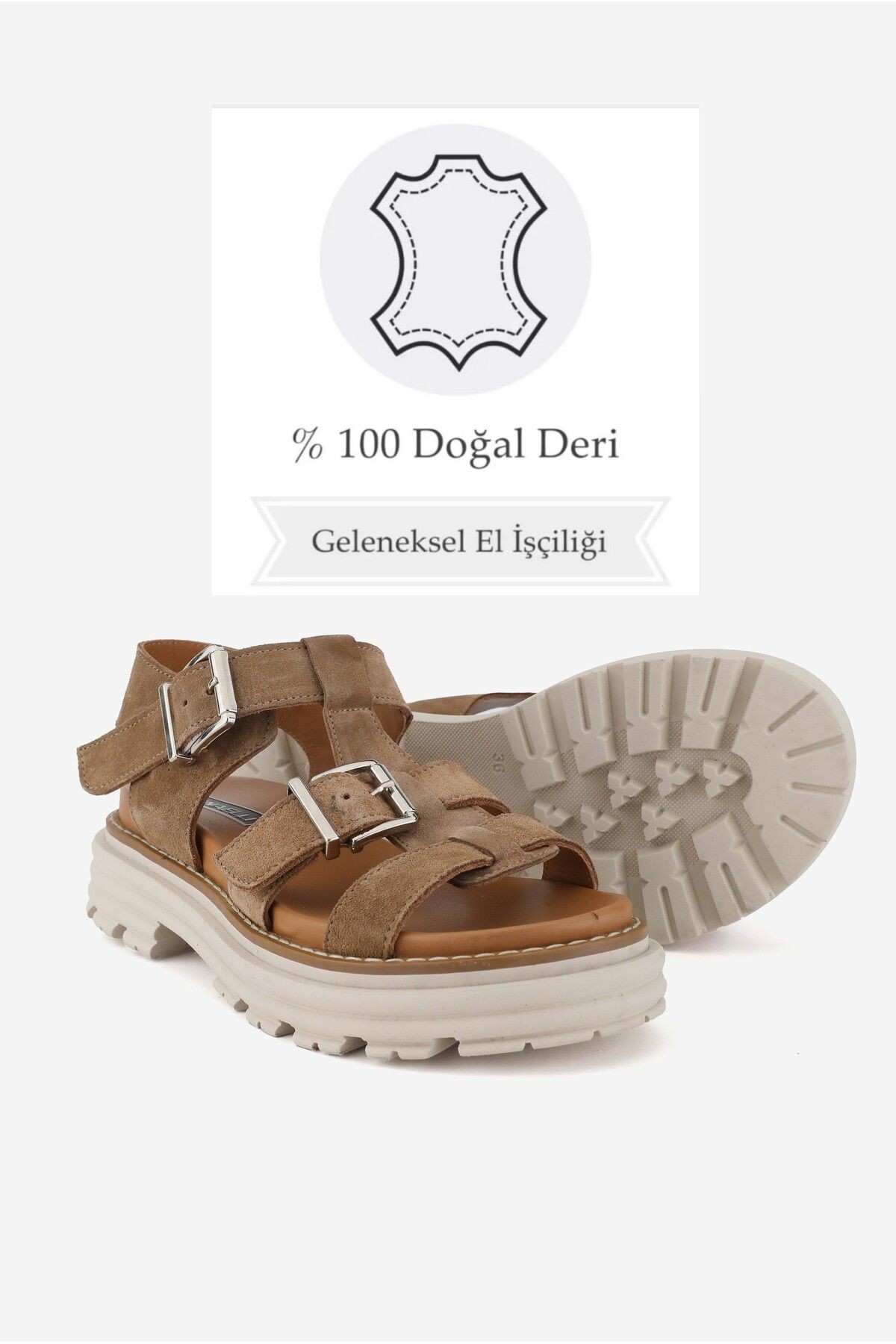 KADIN BEJ SÜET HAKİKİ DOĞAL DERİ KISA TOPUKLU TOKALI SANDALET