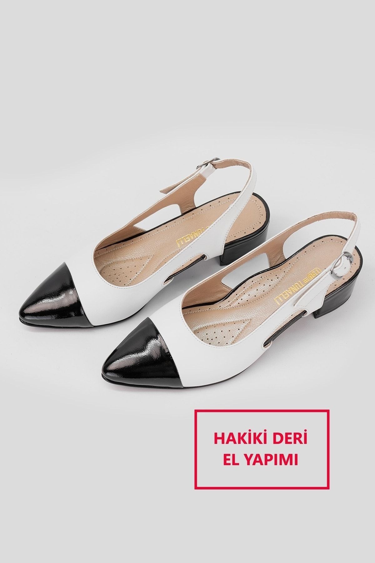 Kadın Siyah Beyaz Hakiki Deri 35-41 Numara Topuklu Ayakkabı