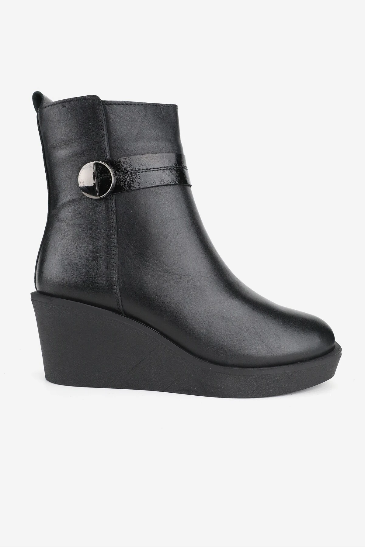 KADIN SİYAH HAKİKİ DERİ 36-41 NUMARA DOLGU ORTA TOPUKLU BİLEKTE BOT