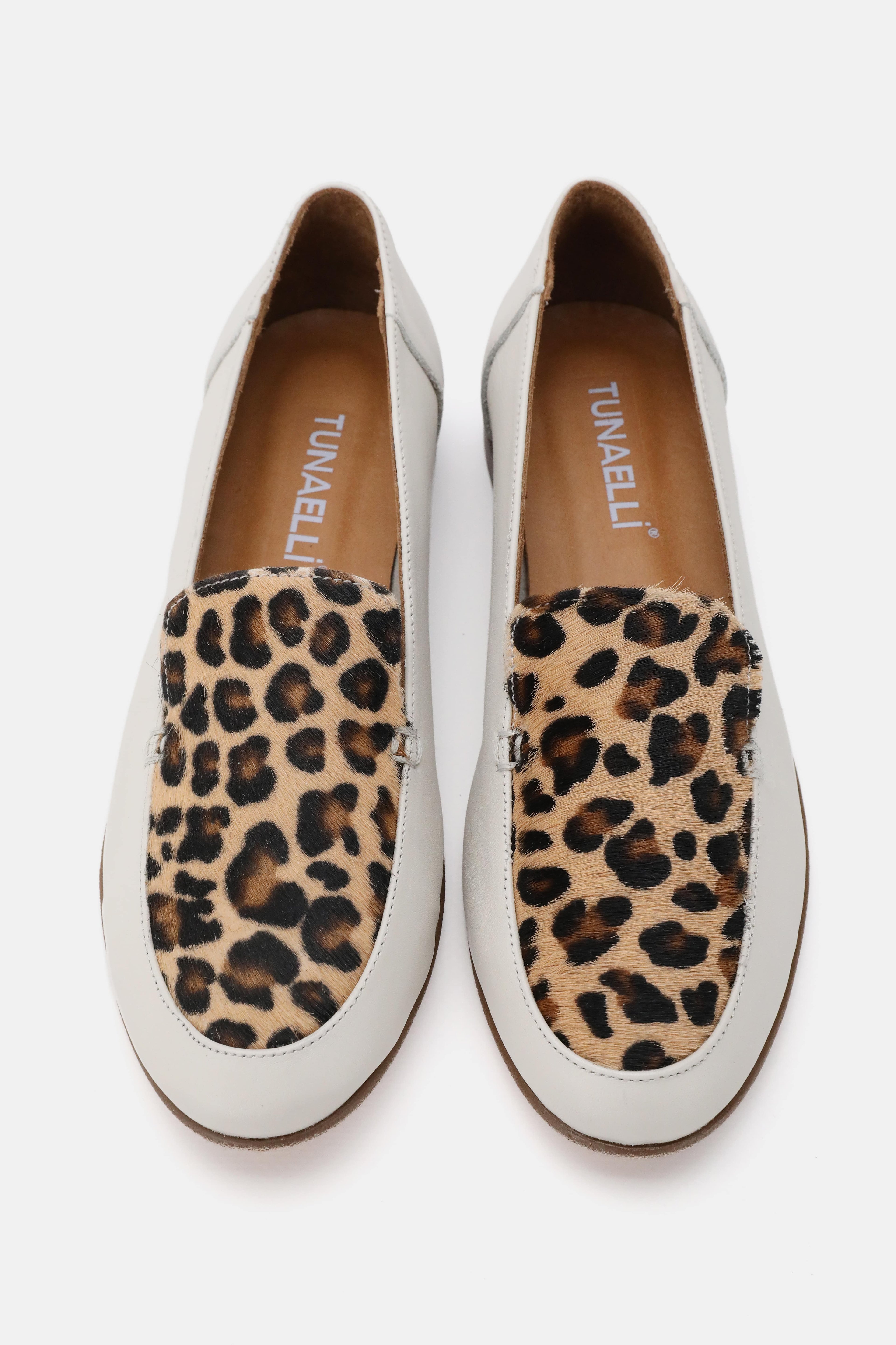 Tunaelli Açık Renk Deri Leopar Detaylı Loafer