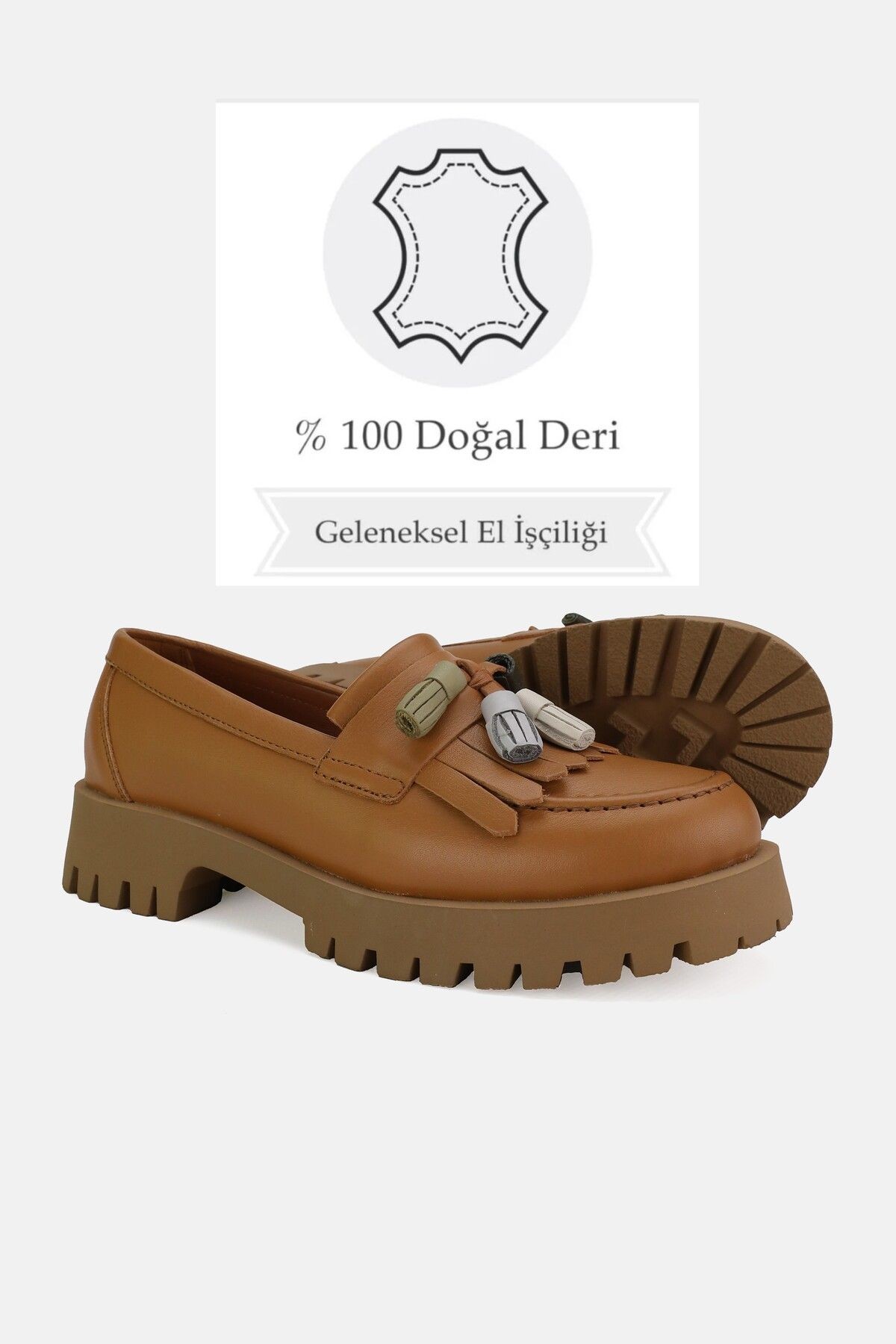 KADIN TABA HAKİKİ DOĞAL DERİ 36-41 NUMARA PÜSKÜLLÜ LOAFER AYAKKABI