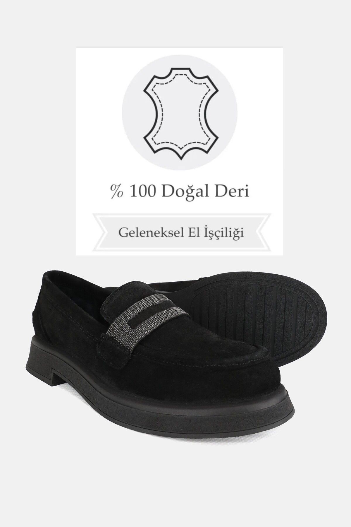 KADIN SİYAH SÜET HAKİKİ DOĞAL DERİ ZİNCİRLİ LOAFER AYAKKABI