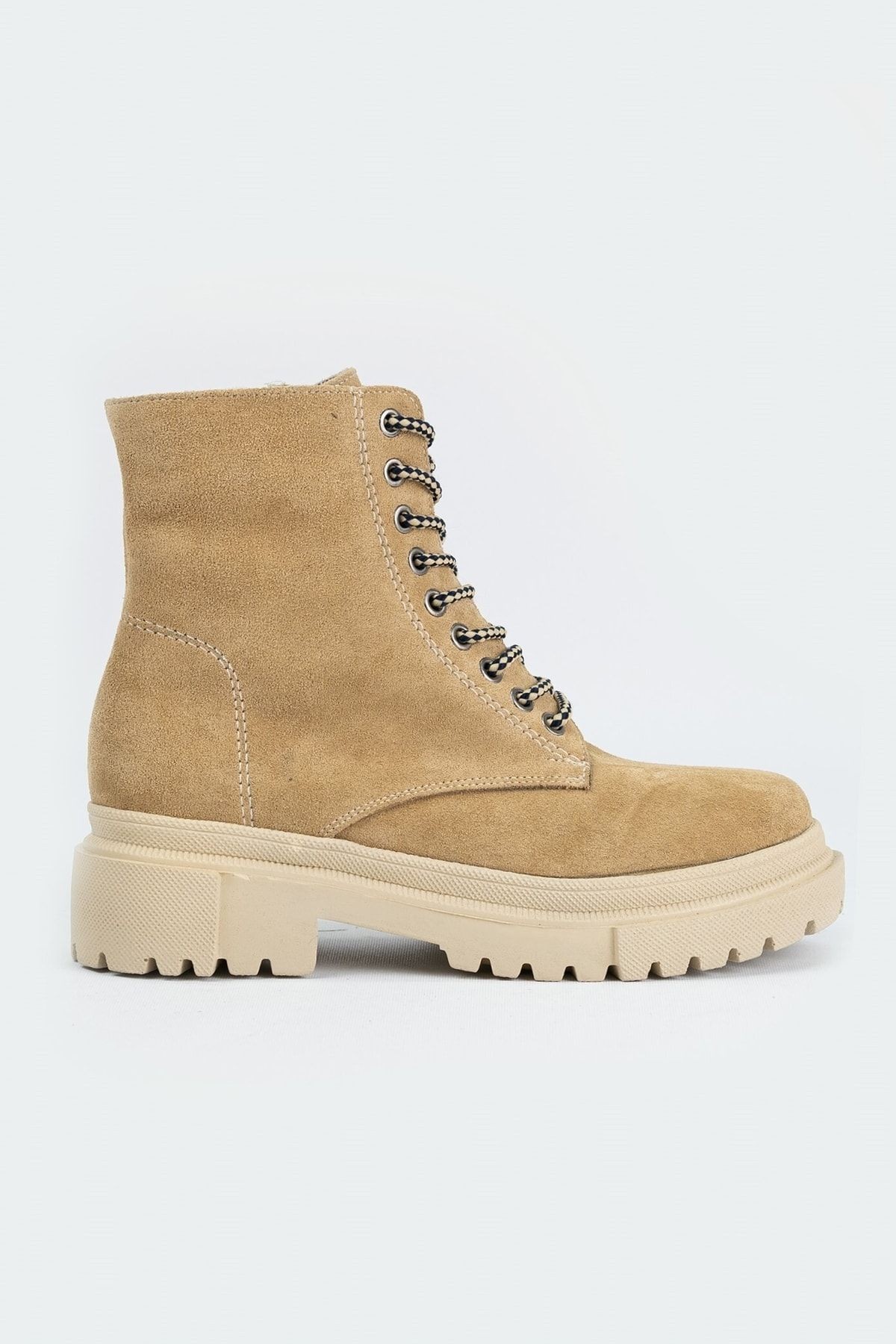 Kadın Bej Süet Hakiki Deri 35-41 Bağcıklı Bot & Bootie