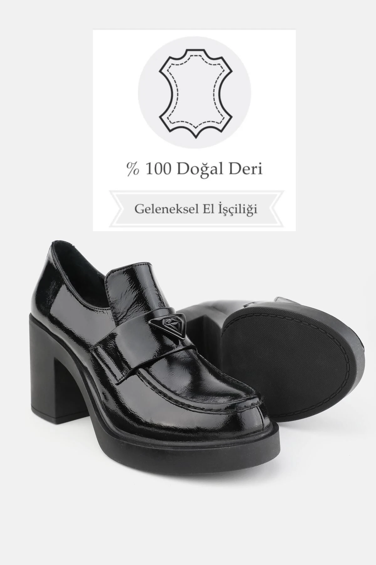 KADIN SİYAH MAT HAKİKİ DOĞAL DERİ 36-41 NUMARA YÜKSEK TOPUKLU LOAFER AYAKKABI