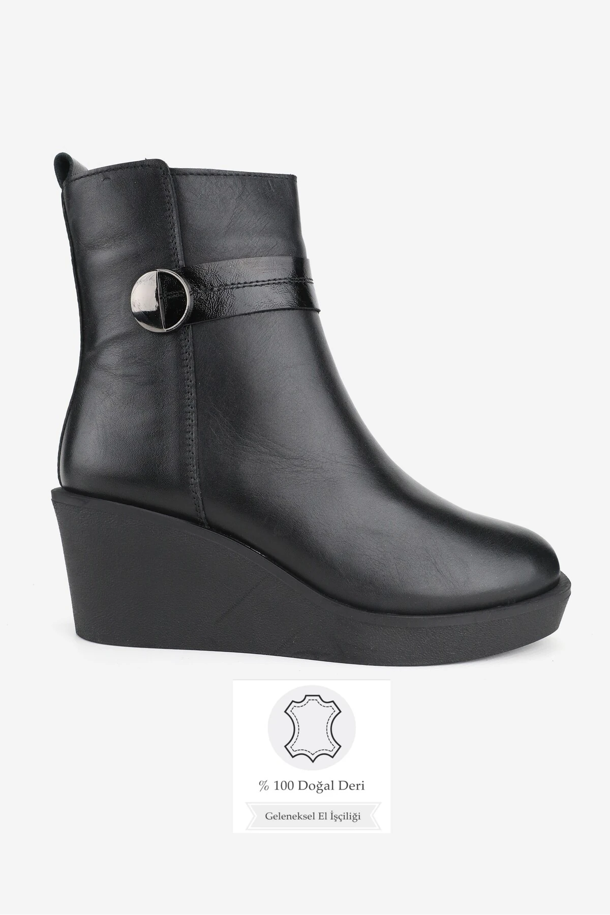 KADIN SİYAH HAKİKİ DERİ 36-41 NUMARA DOLGU ORTA TOPUKLU BİLEKTE BOT