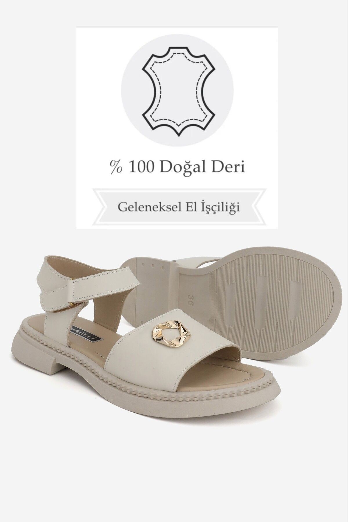 KADIN BEJ HAKİKİ DOĞAL DERİ BANTLI TOKALI DÜZ SANDALET